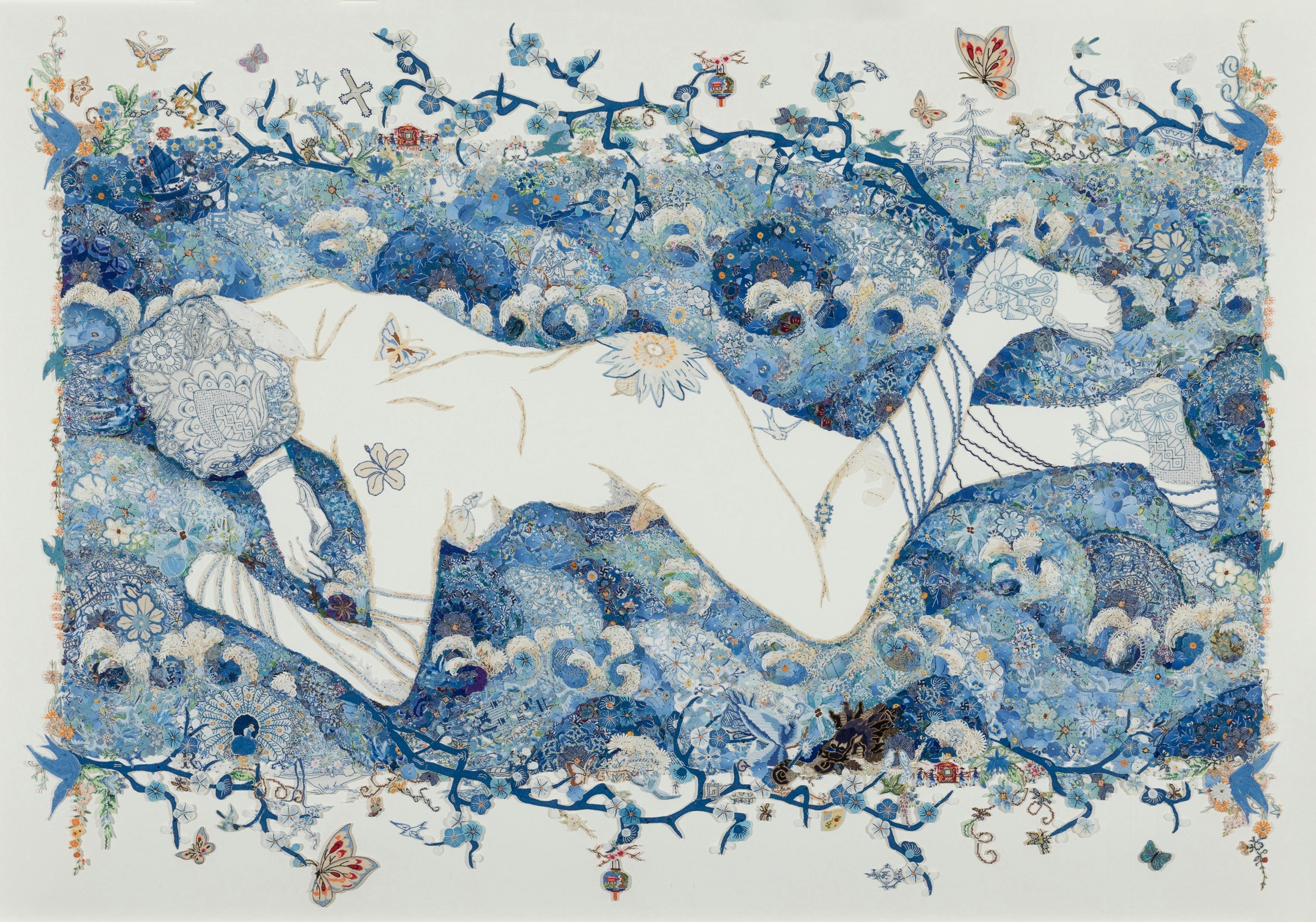 A textile artwork of a reclining figure made with layered, stitched fabrics in varied blues