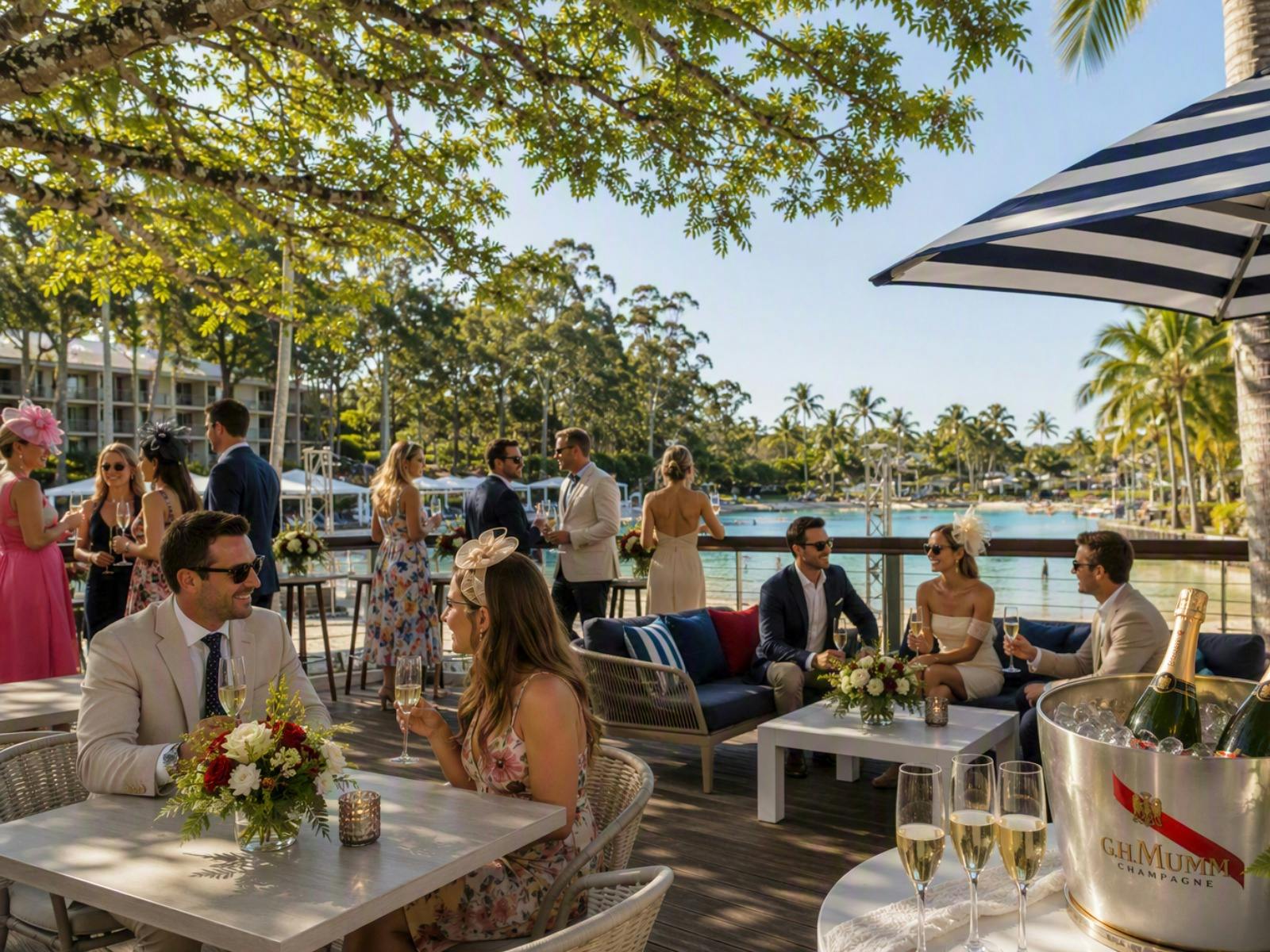 Guests enjoying champagne, festivities and Lagoon views at Melbourne Cup event