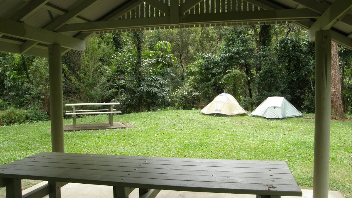 two tents are seen through a picnic shelter with rainforest backdrop. two tents are seen through a picnic shelter with rainforest backdrop.