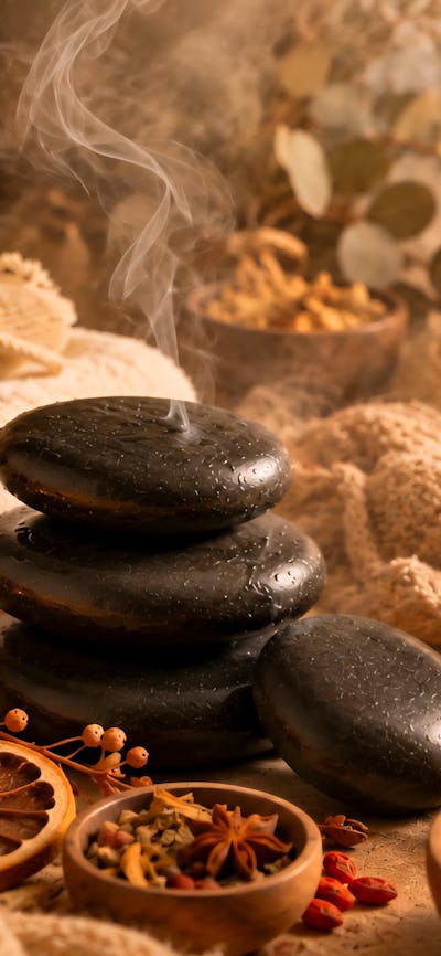 Hot stone and herbal ointment treatments