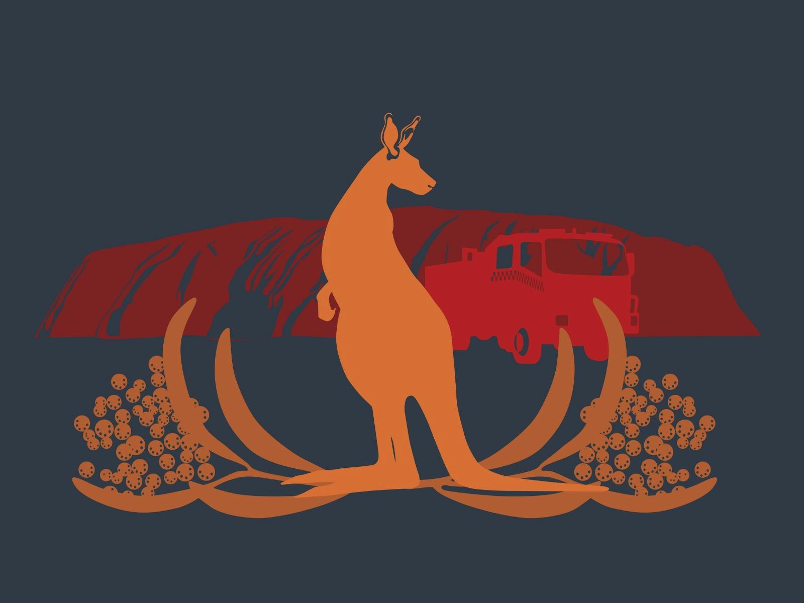 Digital design of an orange kangaroo in front of Uluru and a truck