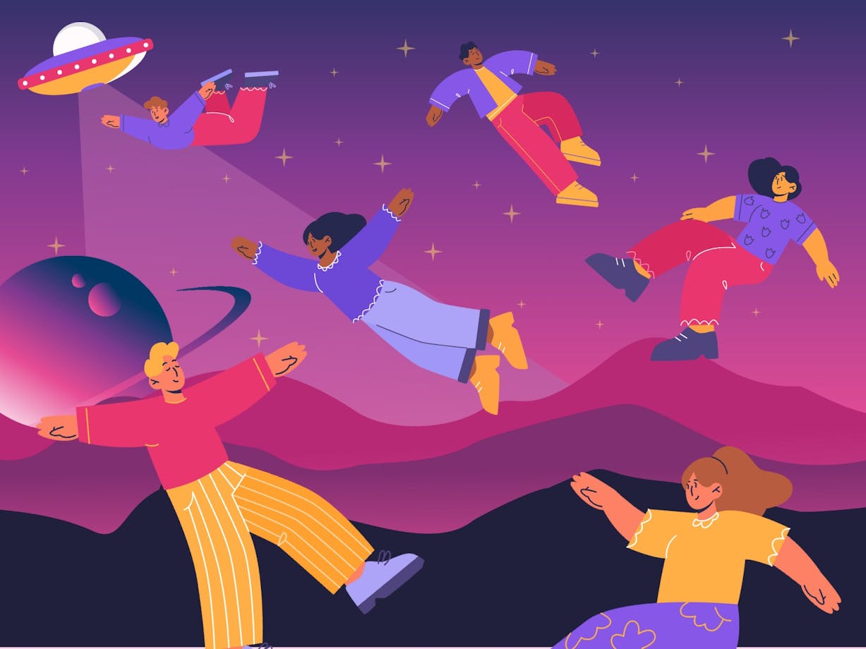 Illustrated space scene with floating people
