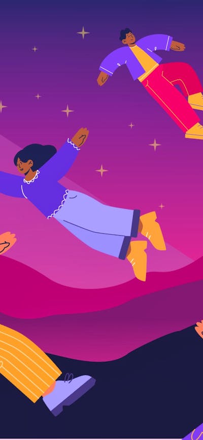 Illustrated space scene with floating people