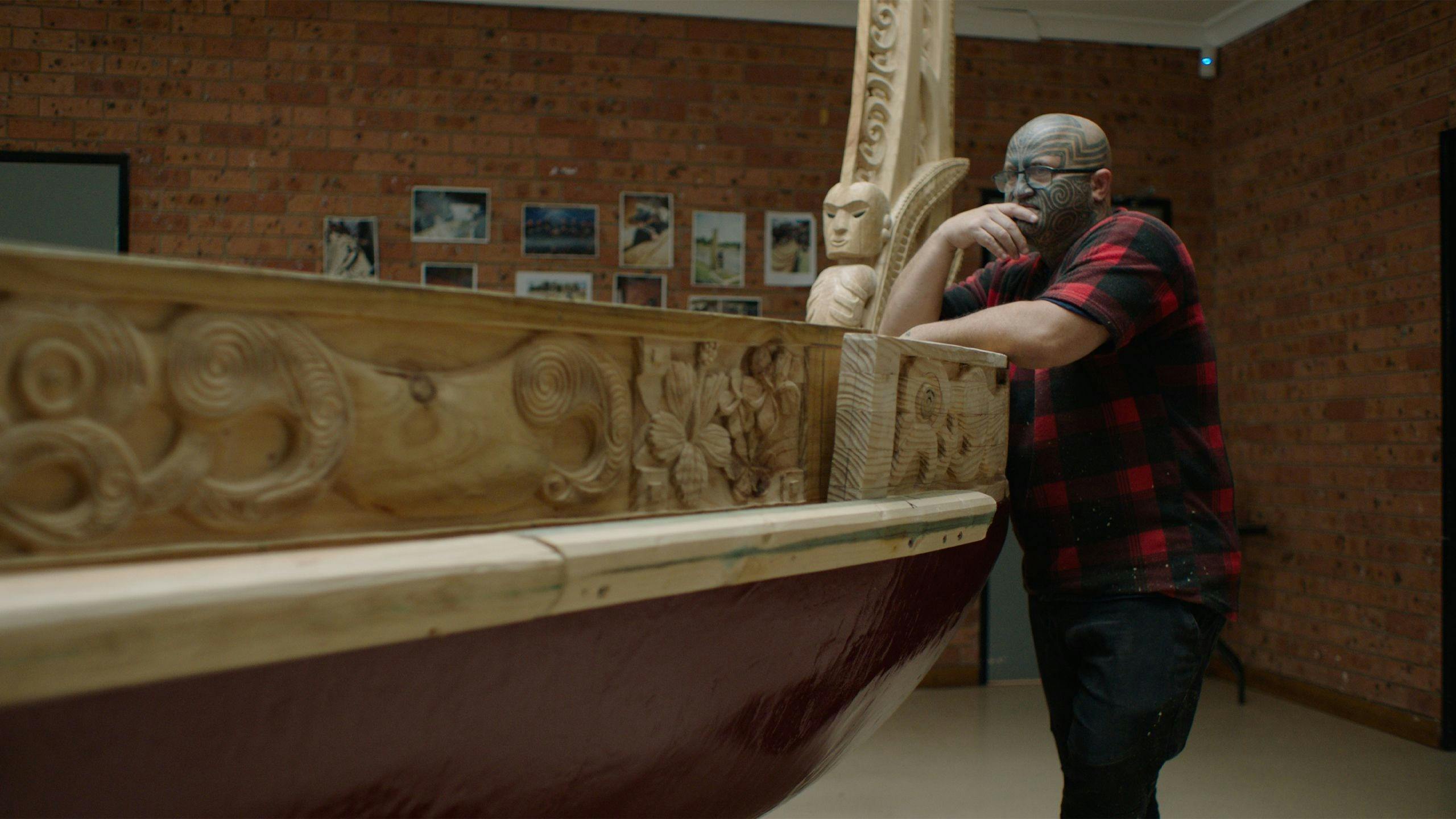 Still image from film ‘He Waka Eke Noa’, Peter Elers with Te Waka Whakakotahi. Photo: Powerhouse Stu