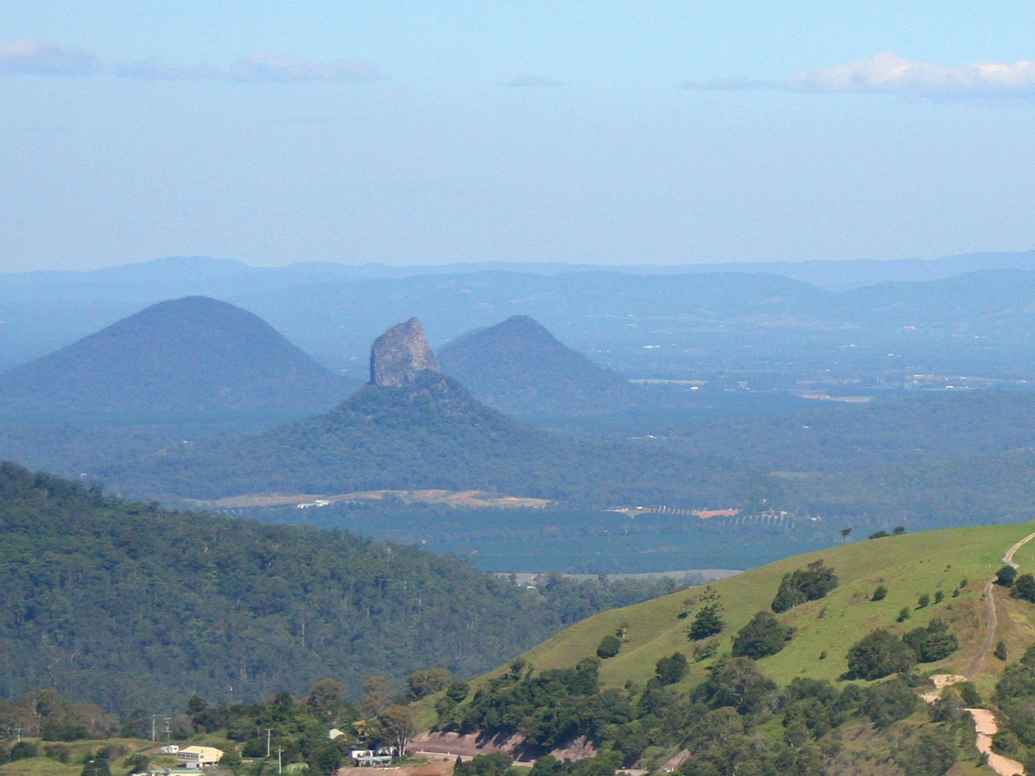 View of Glasshouse Mountains above Bald Knob.