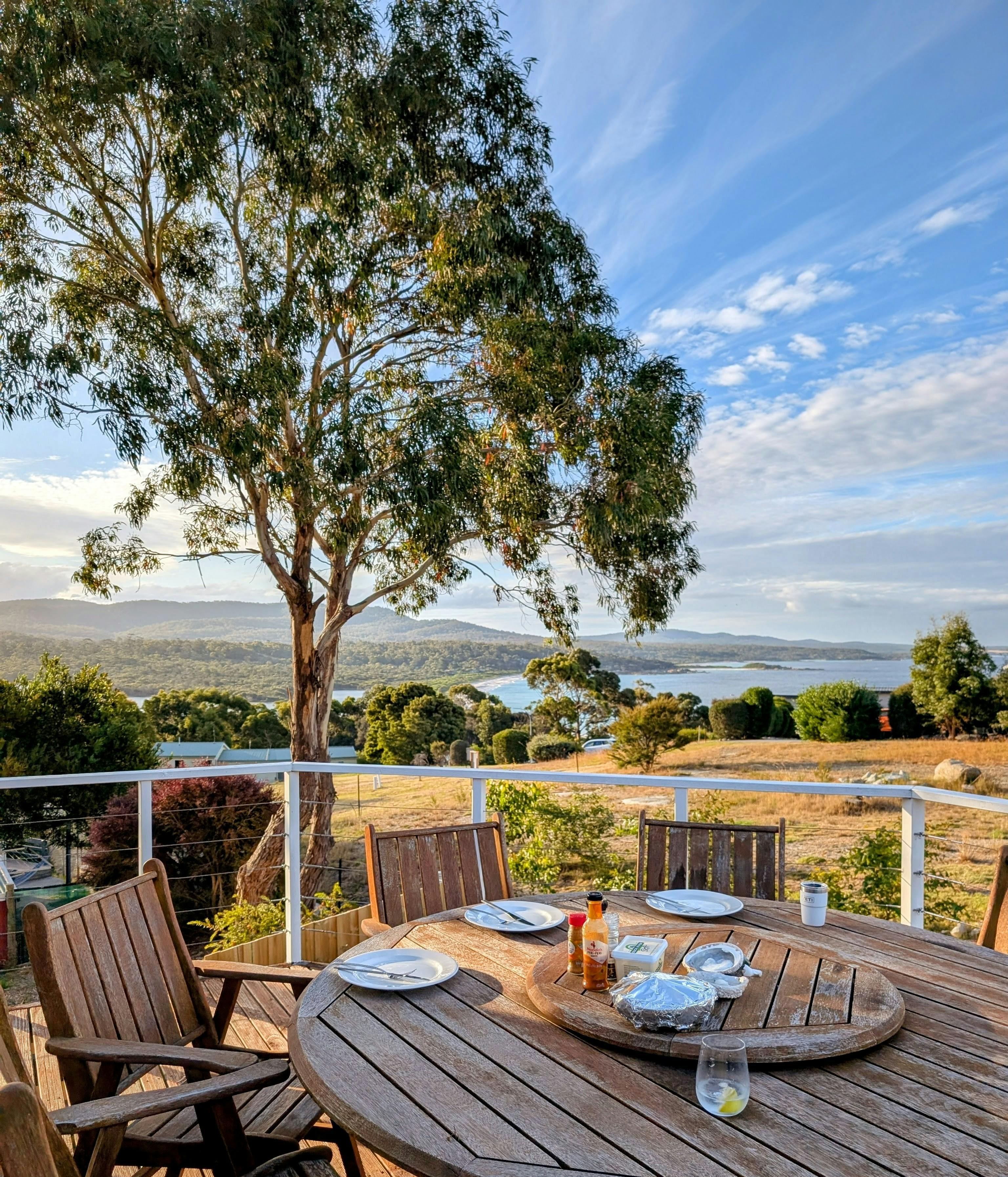 Timber deck at Old Salty Shack Binalong Bay framed by native gum trees with outdoor seating overlook