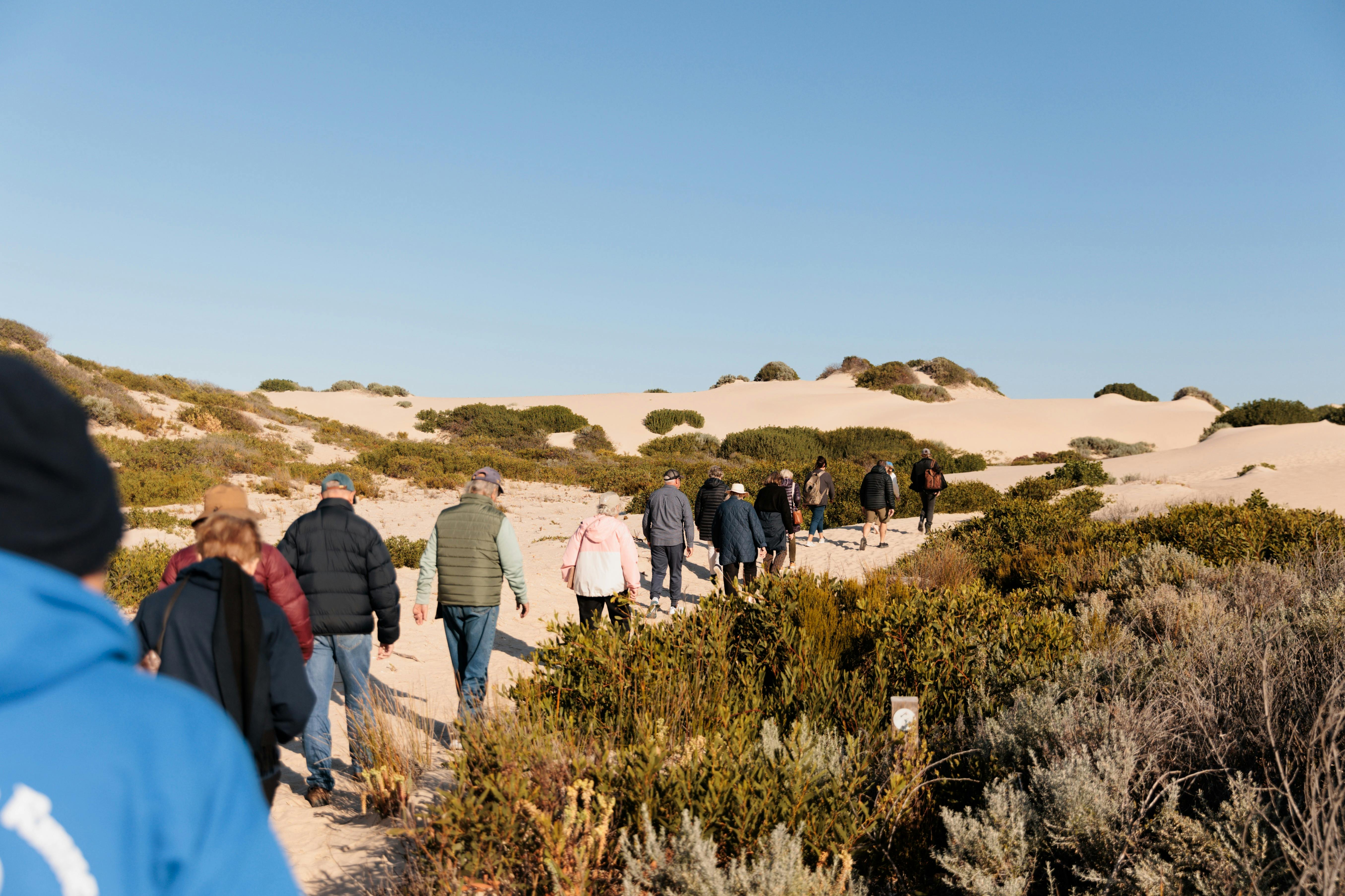 Guests walking through the native scrub all rugged up for winter.
