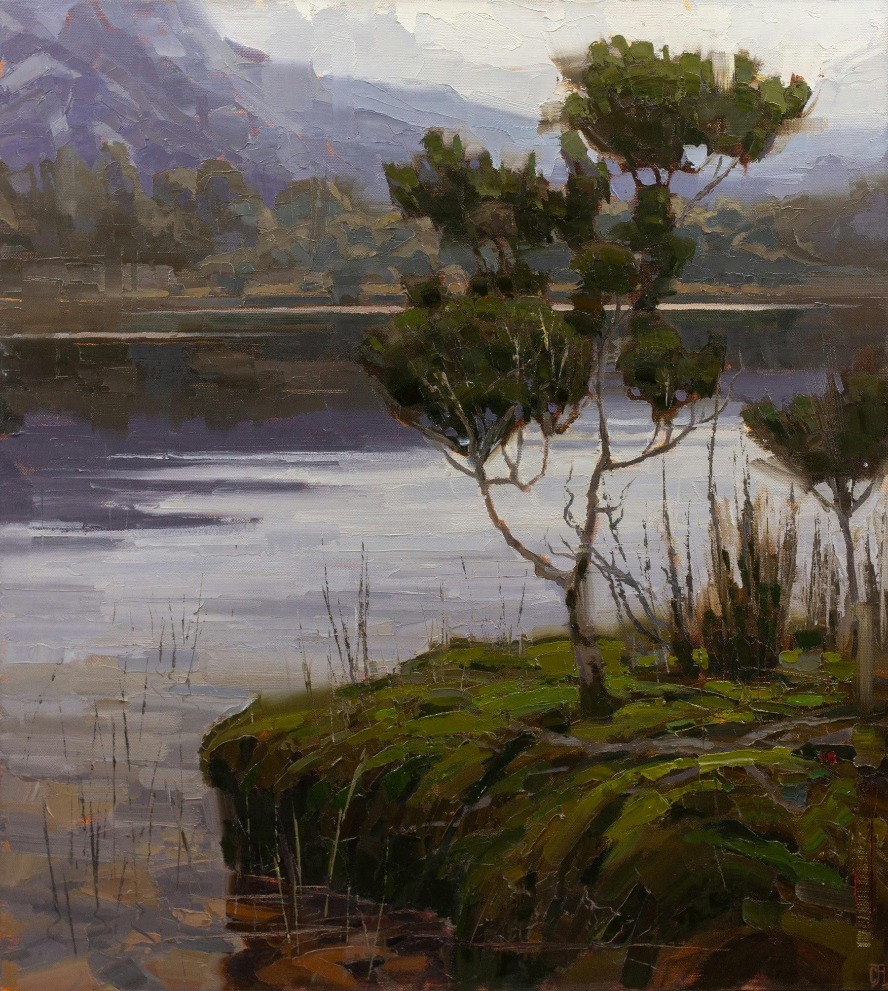 Oil painting depicting a solitary tree surrounded by water.