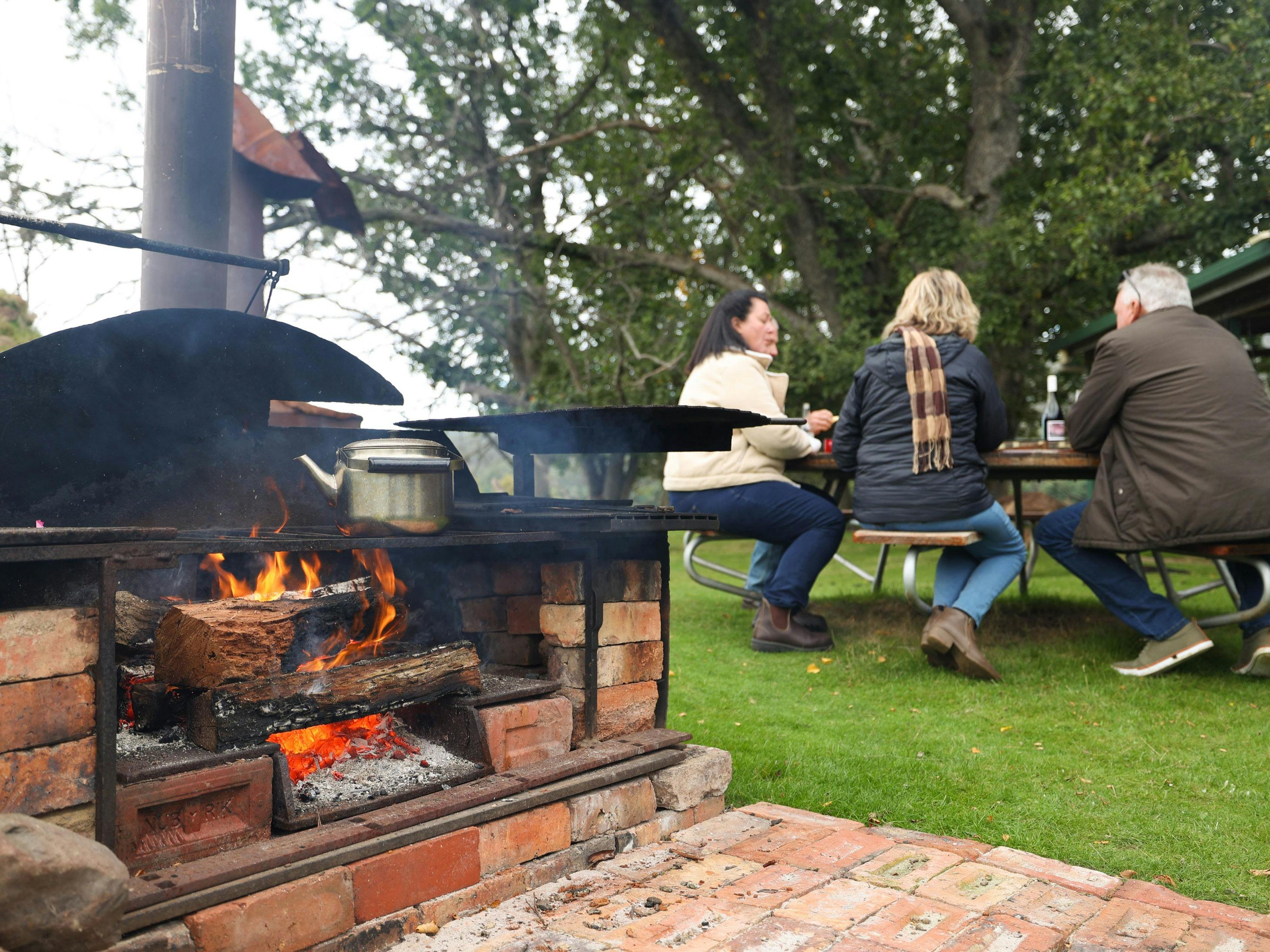 Campfire with people dining outside