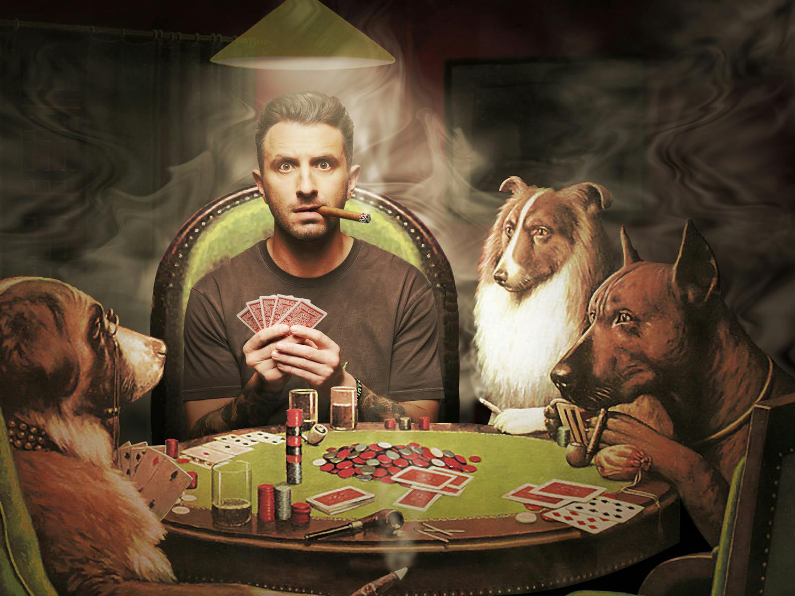 Tommy sits at poker table, surrounding by dogs playing poker