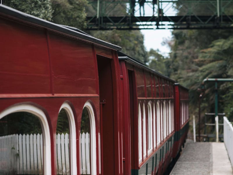 A young family stands on an overhead bridge above the locomotive and burgundy carriages