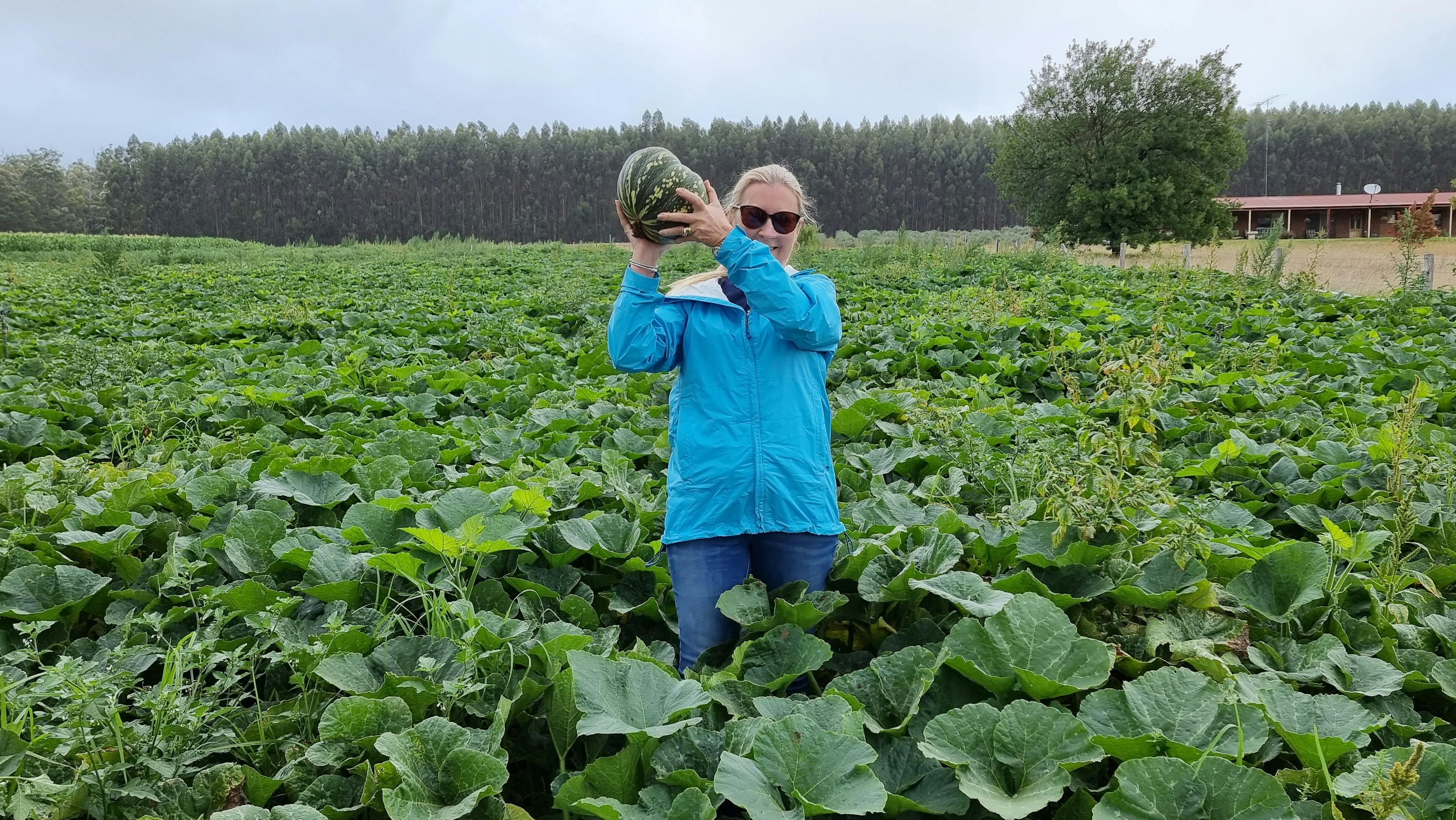 A lady holding up a pumpkin at a farm