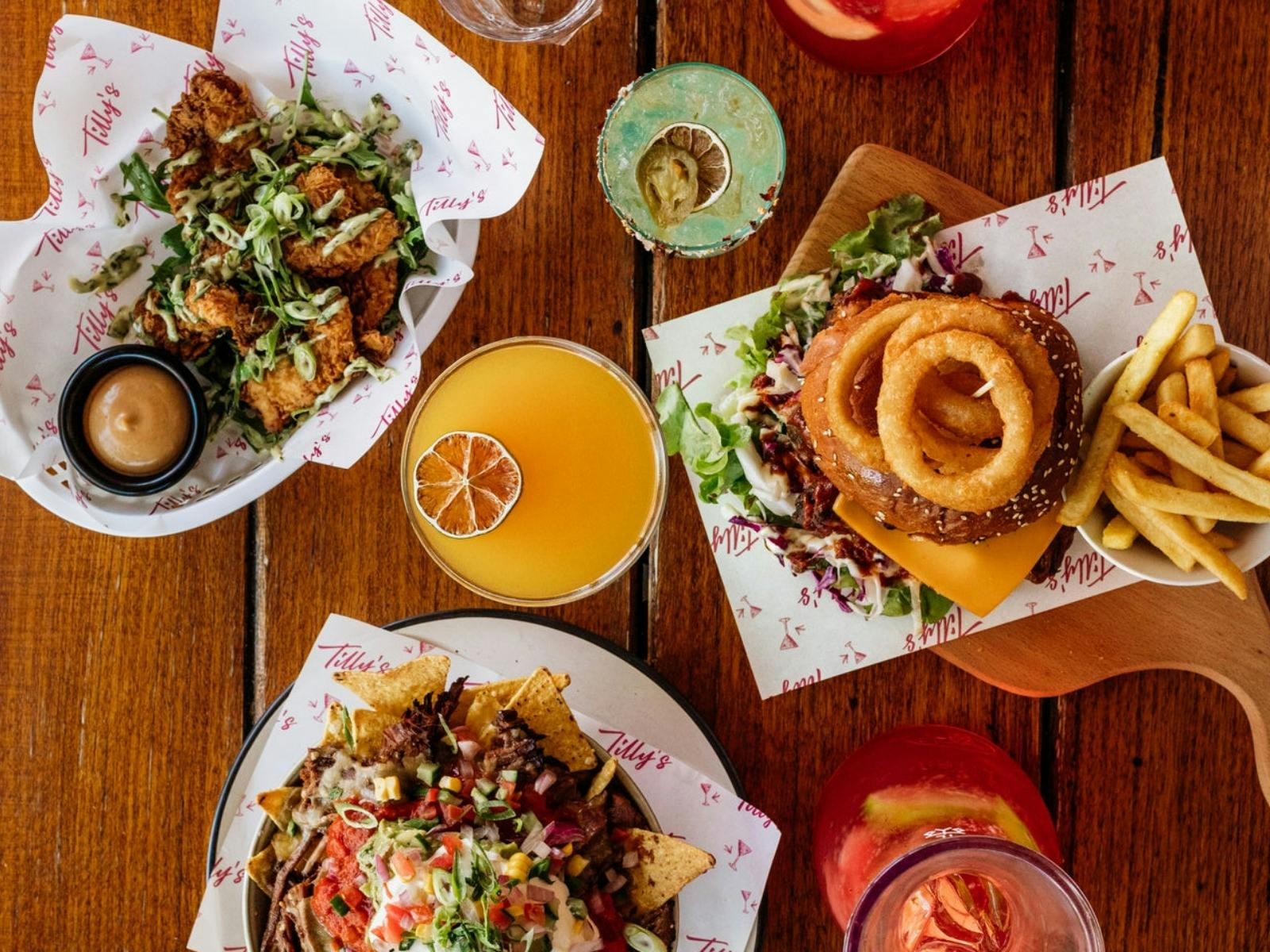 above photo of table with meals and drinks