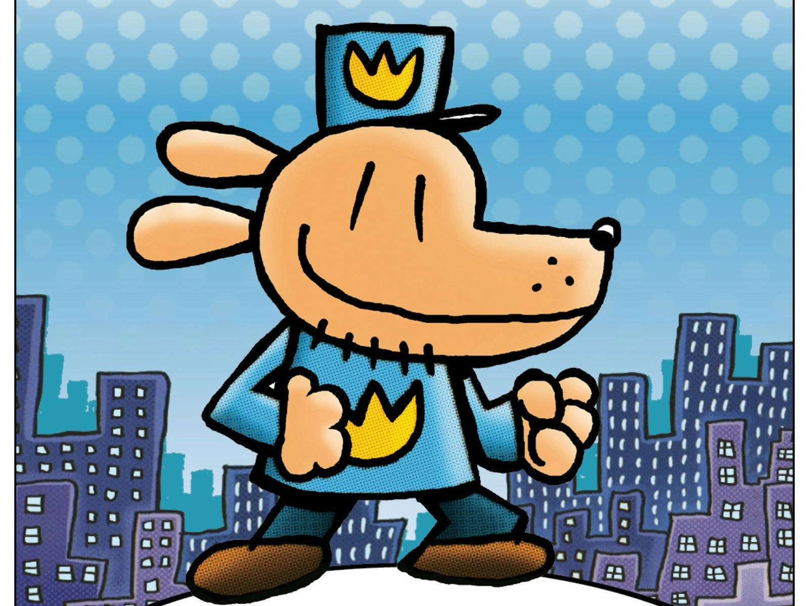 Comic illustration of the character Dog Man in a blue police uniform standing proudly against a city