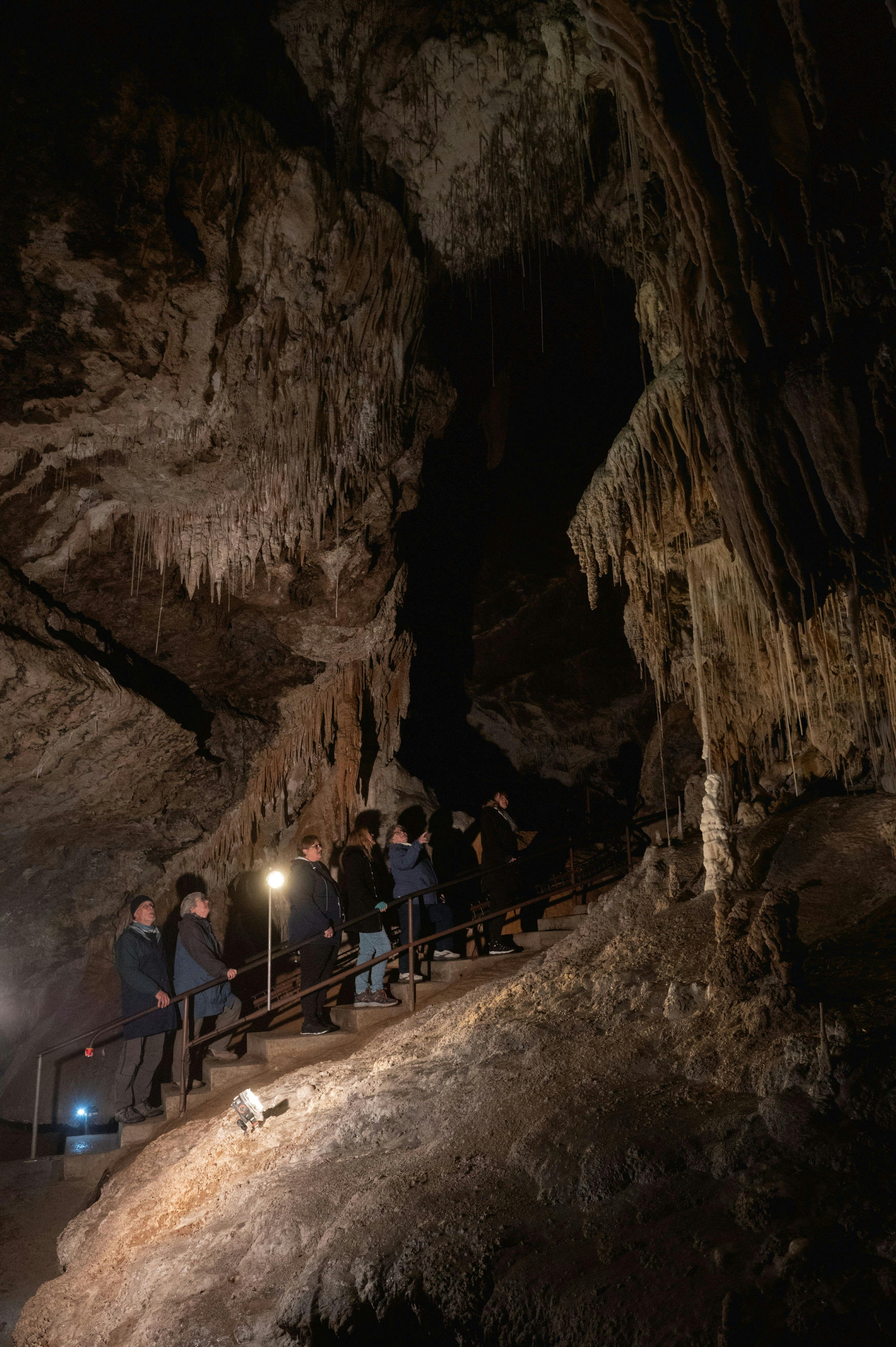 A group ascending a staircase inside a large cave with stalagmites and stalactites