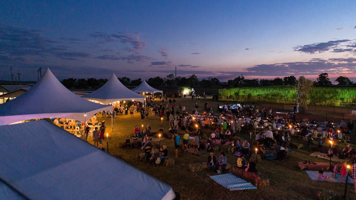 Tents set up under the night sky looking on to cane paddock before the First Fire