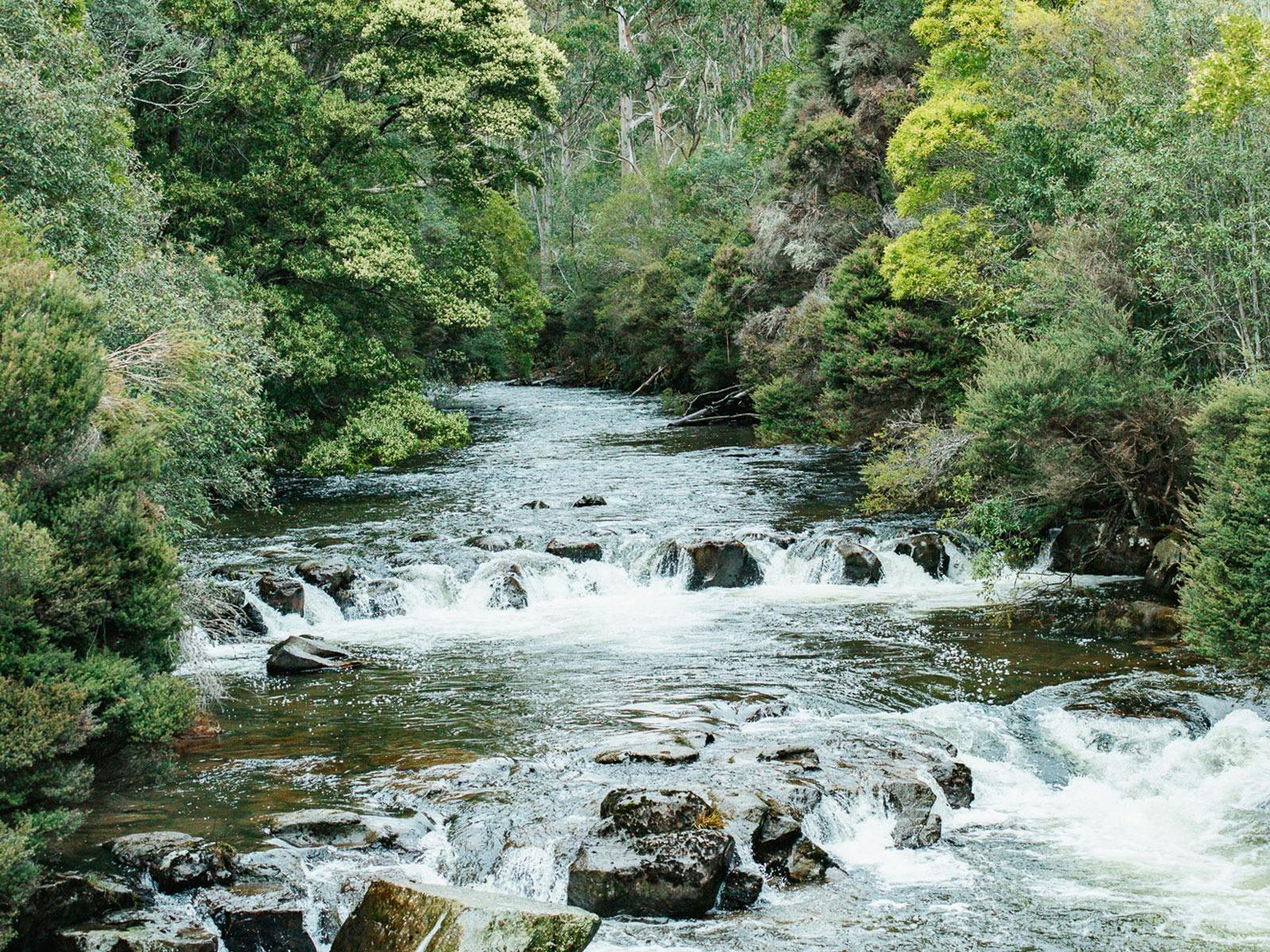 View of the Tyenna River flowing over rocks, taken from a bridge