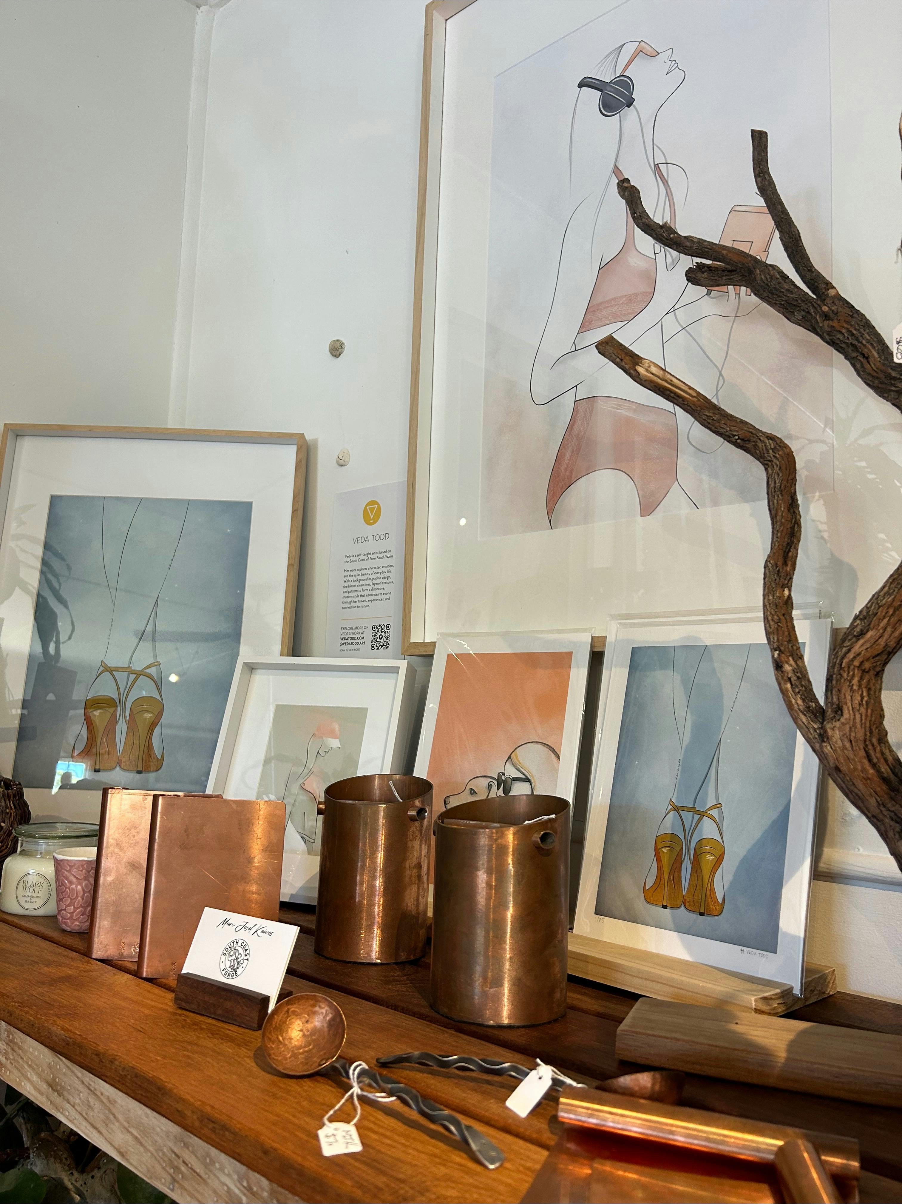 Photo of copper dough cutter coffee knock box and spoon made by local artisan