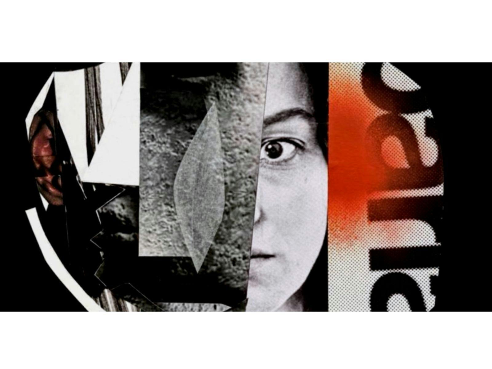 collage of a woman's face and shapes in black white and orange