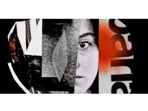 collage of a woman's face and shapes in black white and orange