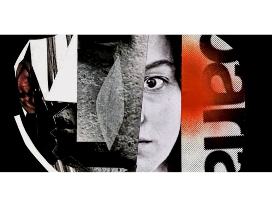 collage of a woman's face and shapes in black white and orange