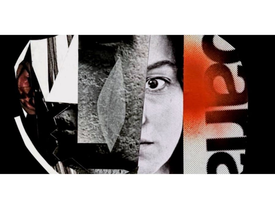 collage of a woman's face and shapes in black white and orange
