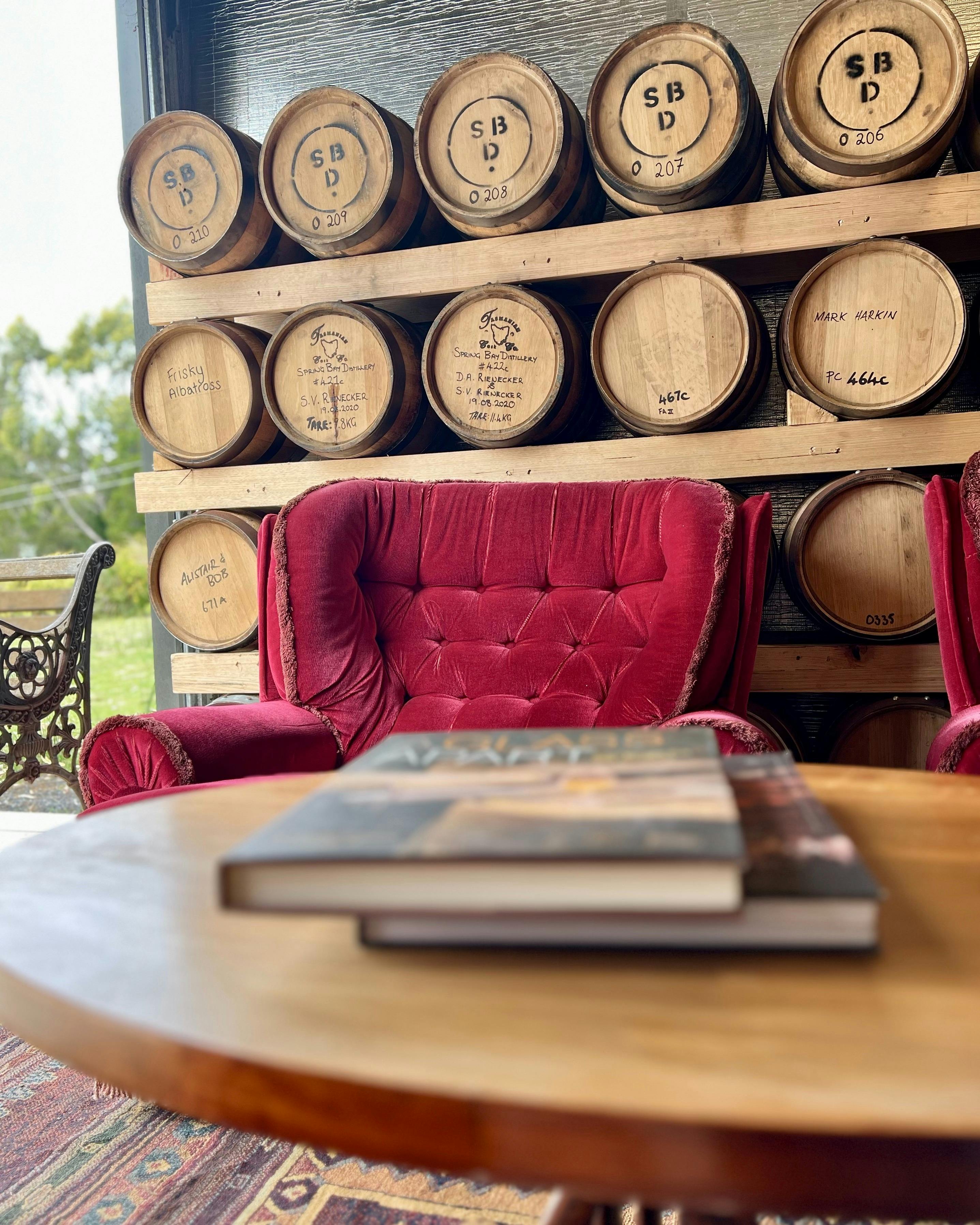 Velvet Chair and Whisky Barrels