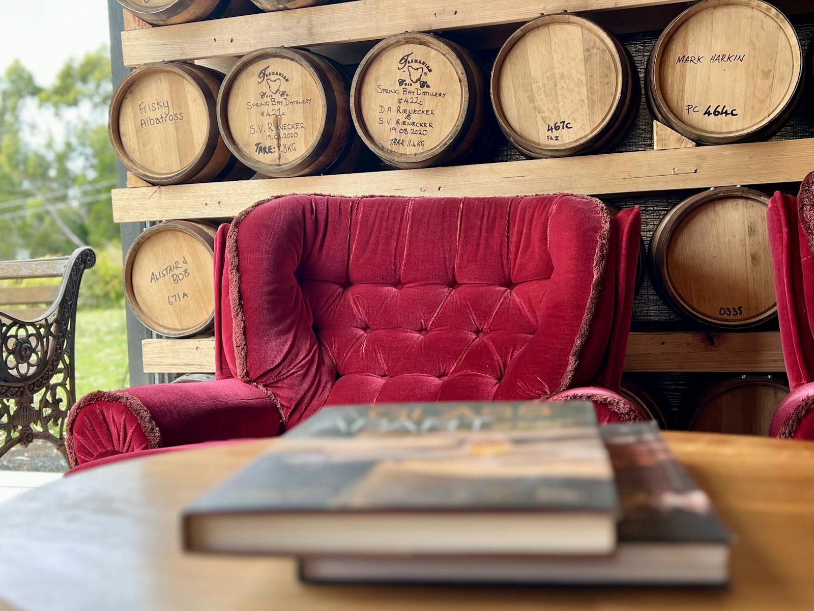 Velvet Chair and Whisky Barrels