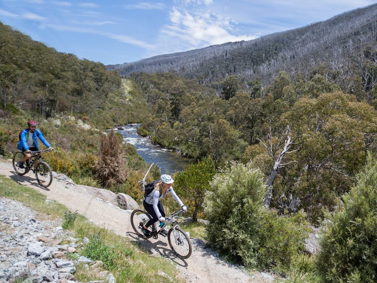 A couple mountain bike beside Thredbo River, on Thredbo Valley track, in Kosciuszko National  Park