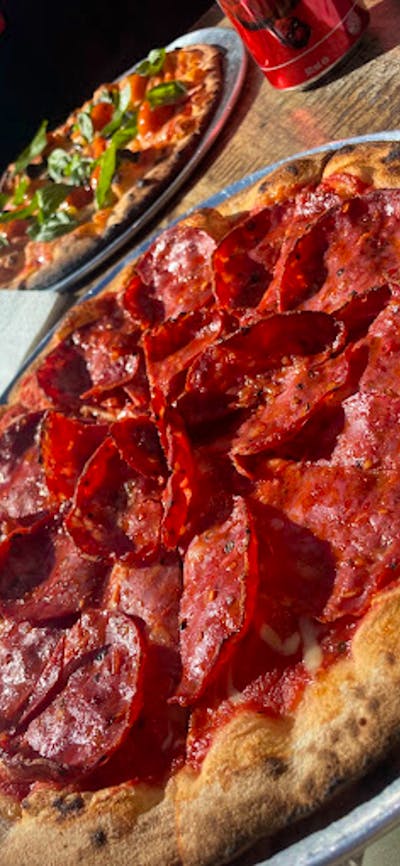 Salami and Vegan Pizza