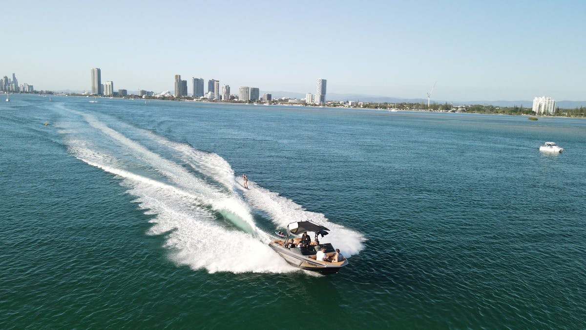 Crystal clear skies, beautiful blue Broadwater with Surfers skyline in the background.