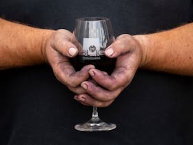 Red wine stained hands holding a glass of wine