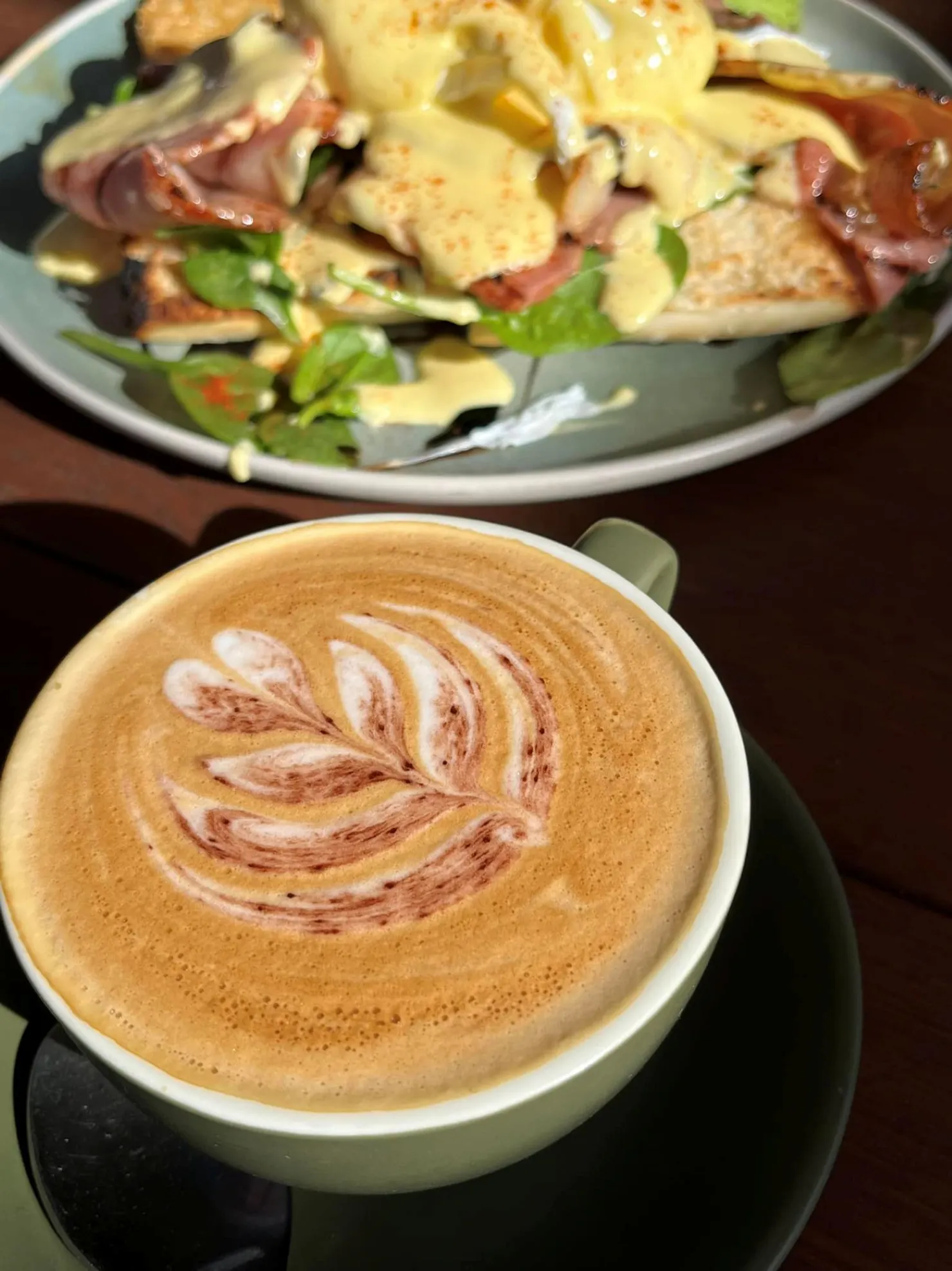 Breakfast coffee and eggs benedict