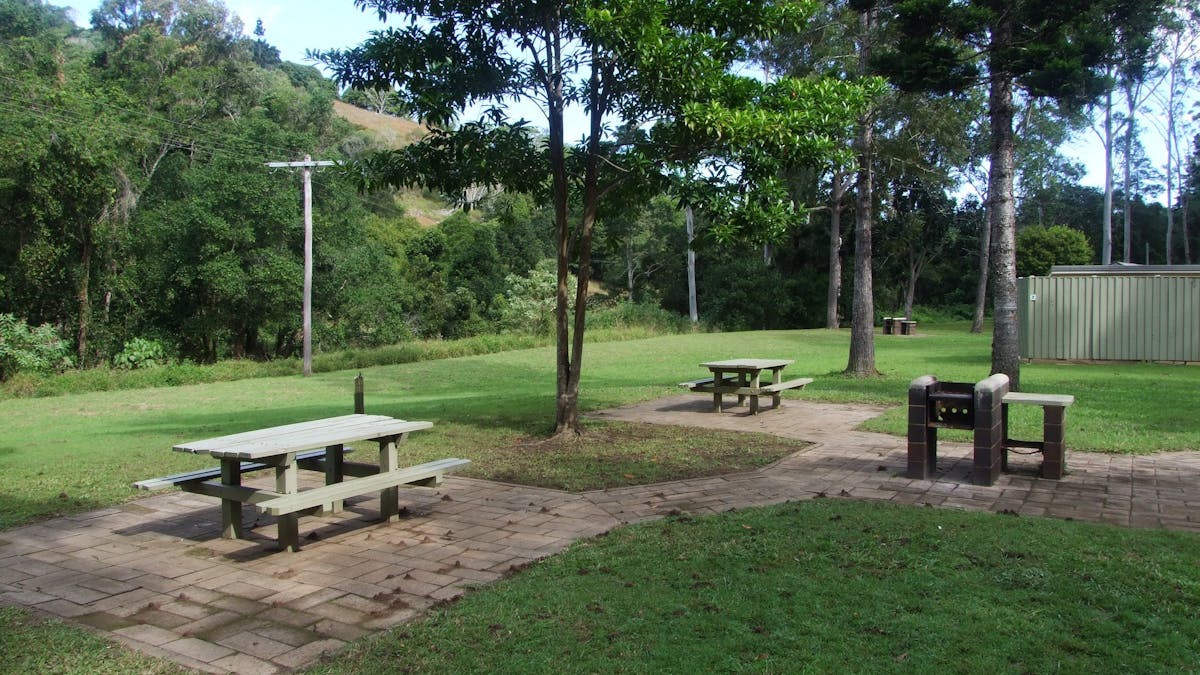 picnic tables are  set amongst tall trees in open grassy area.