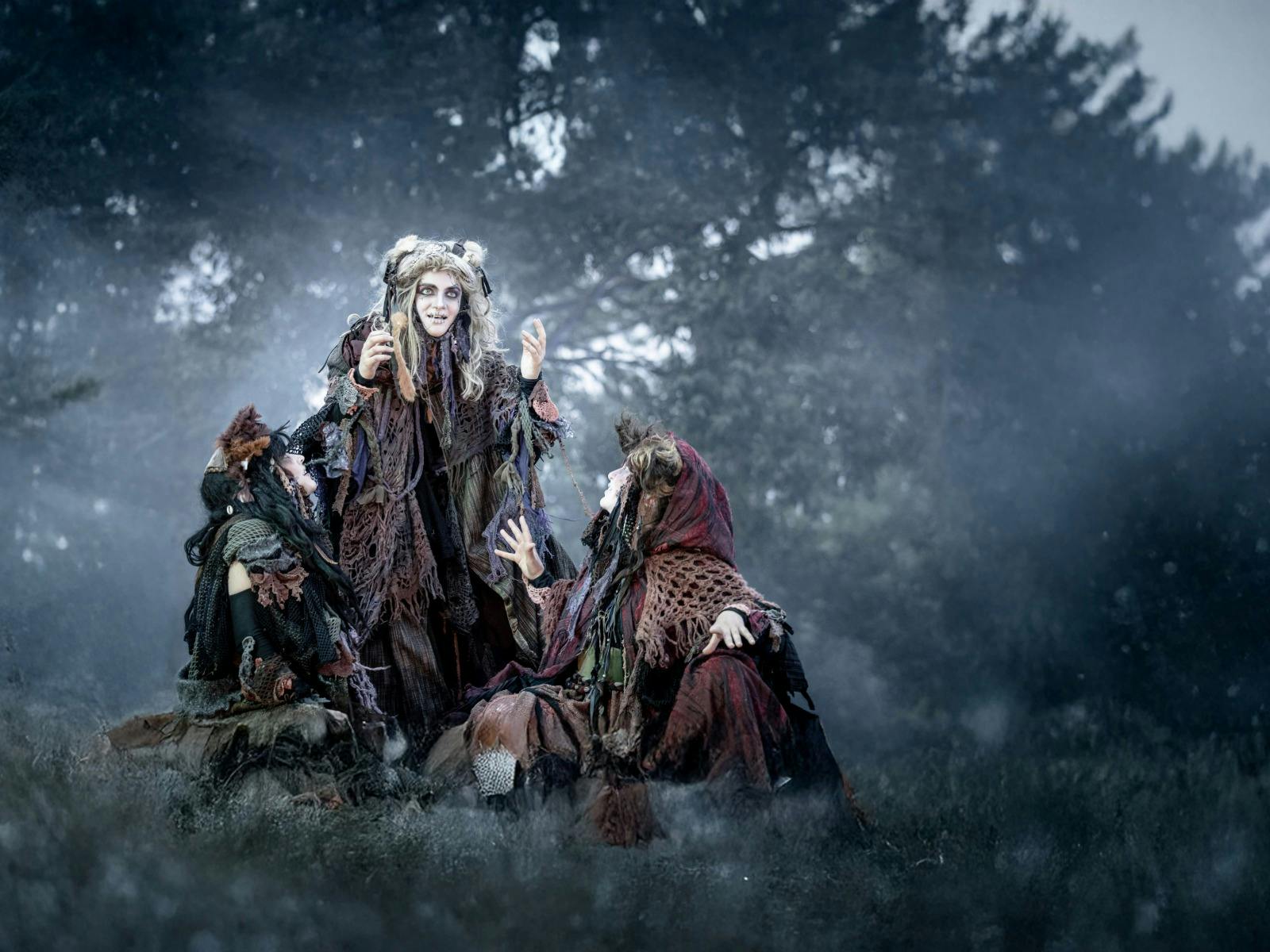 hree eerie Macbeth witches stand against a foggy forest backdrop, exuding a sinister aura.