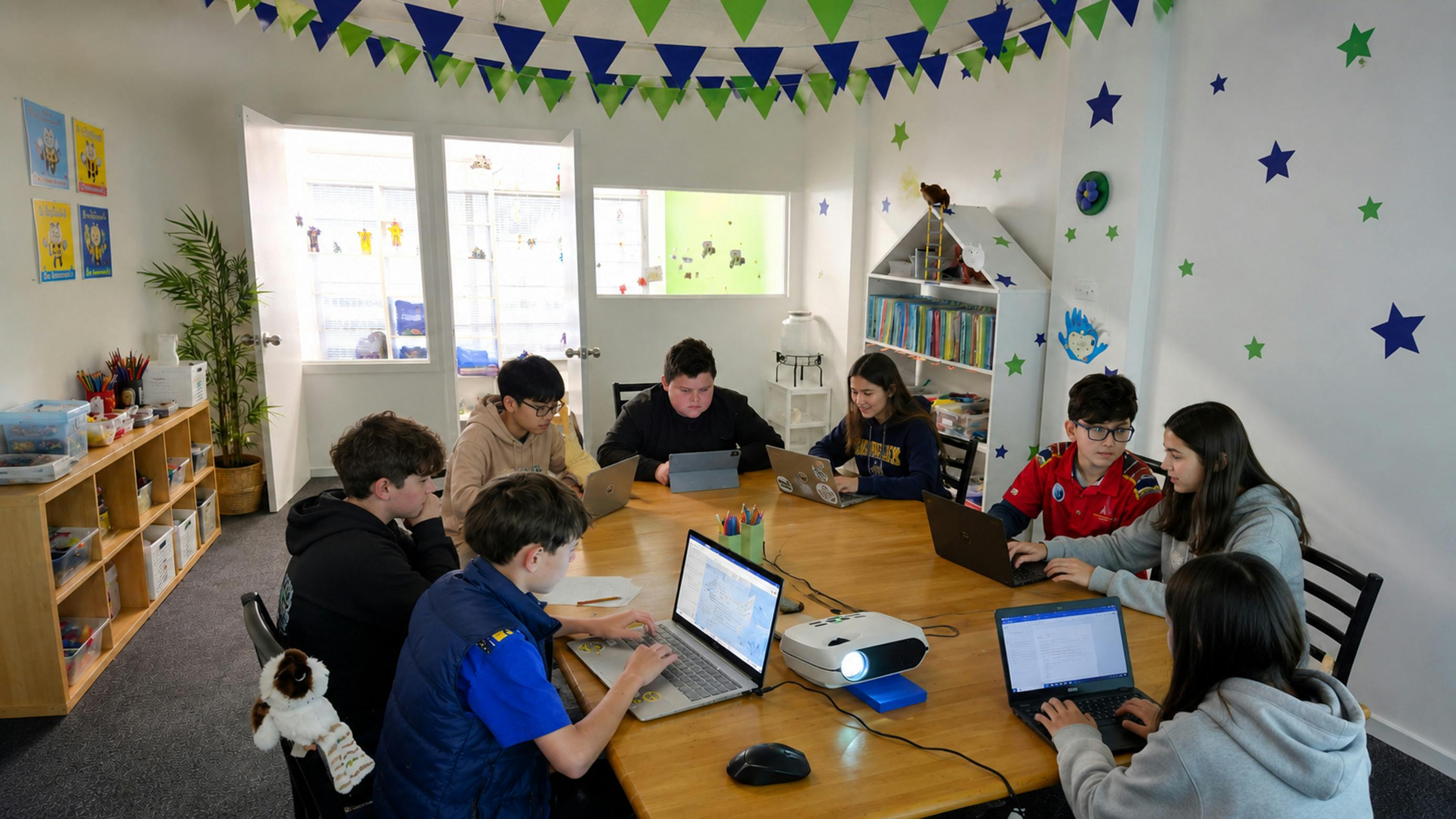 children sitting around a table and coding their apps