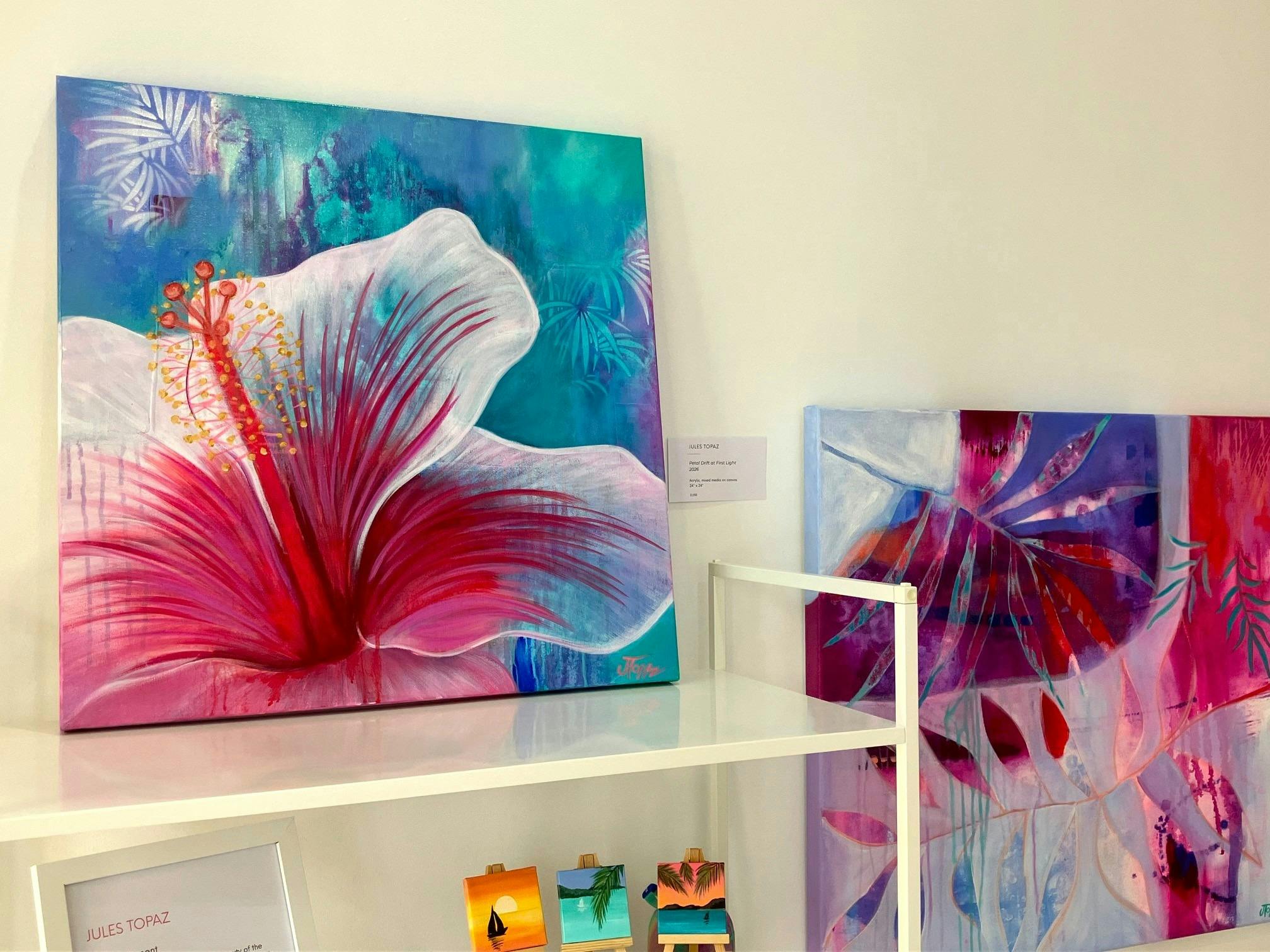 Vibrant, original, tropical abstract artwork displayed on our main gallery walls