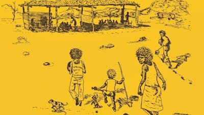 Yellow and black illustrations of families in the remote Aboriginal community of Papunya