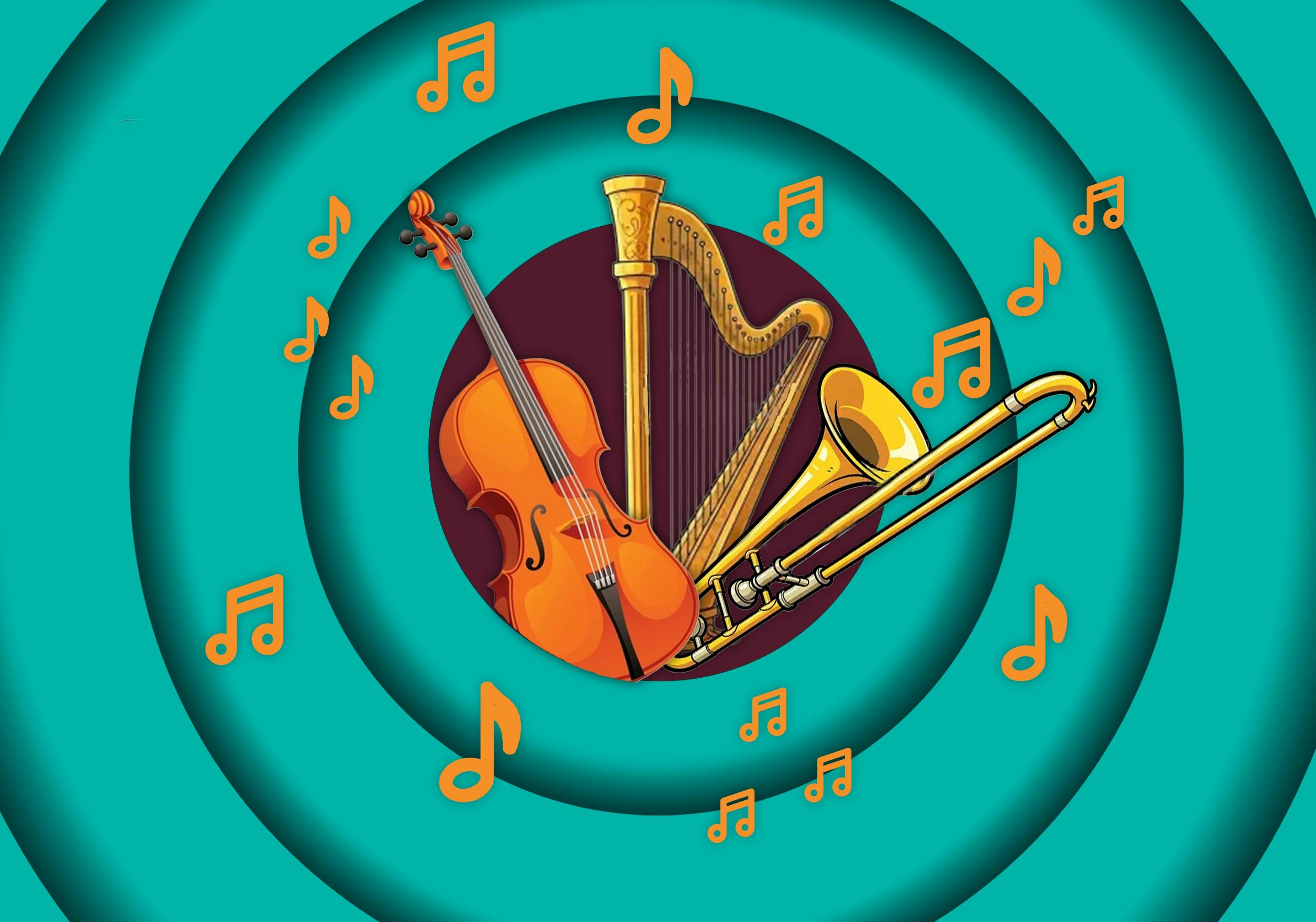 A cartoon image of instruments with musical notes around them sitting in a range of circles