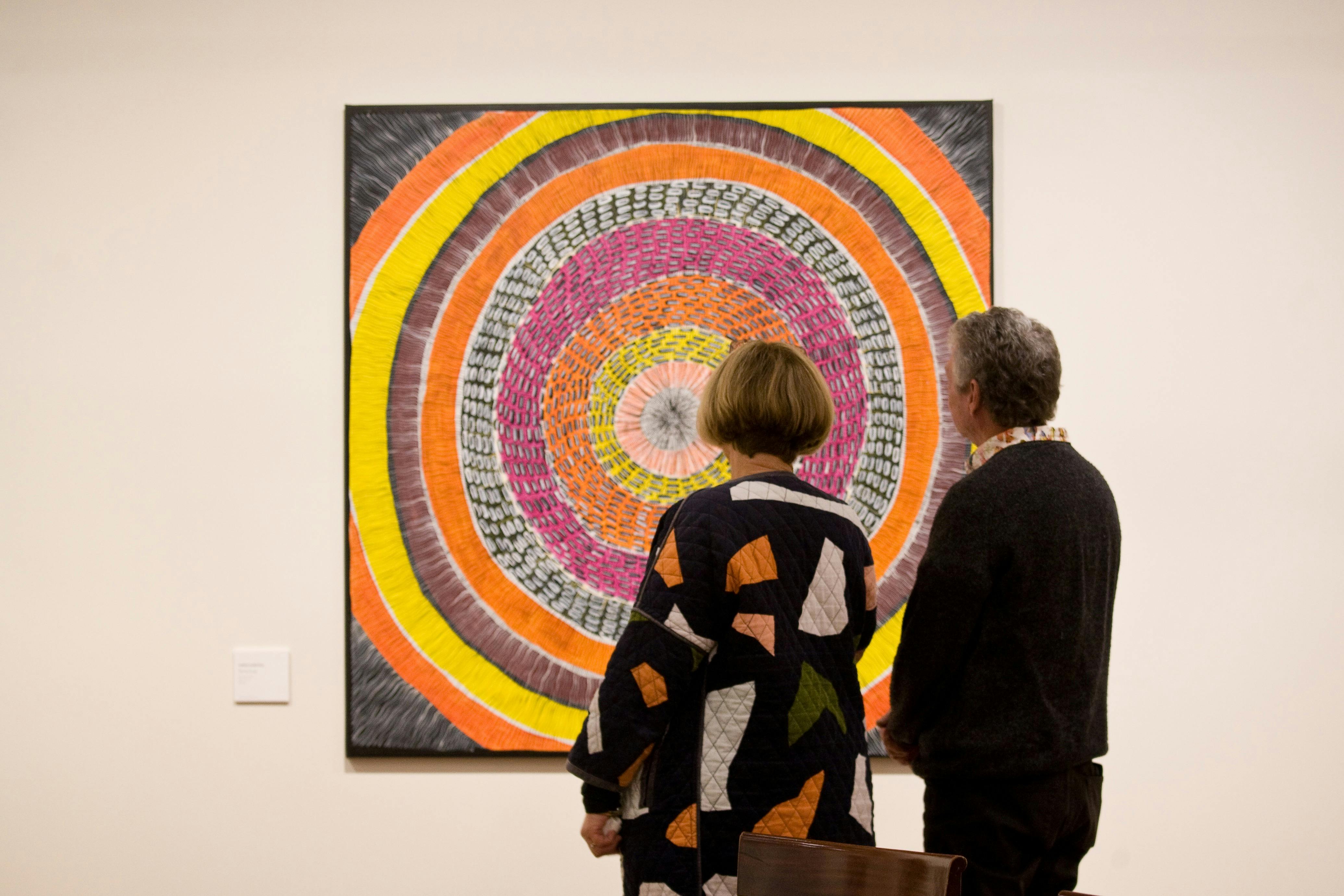 People viewing an artists work at Hadley's Art Prize