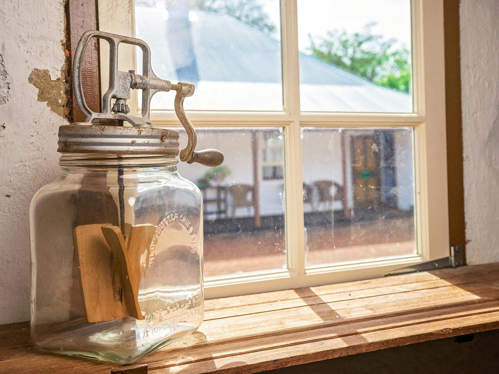 View out of the old kitchen window to heritage building behind