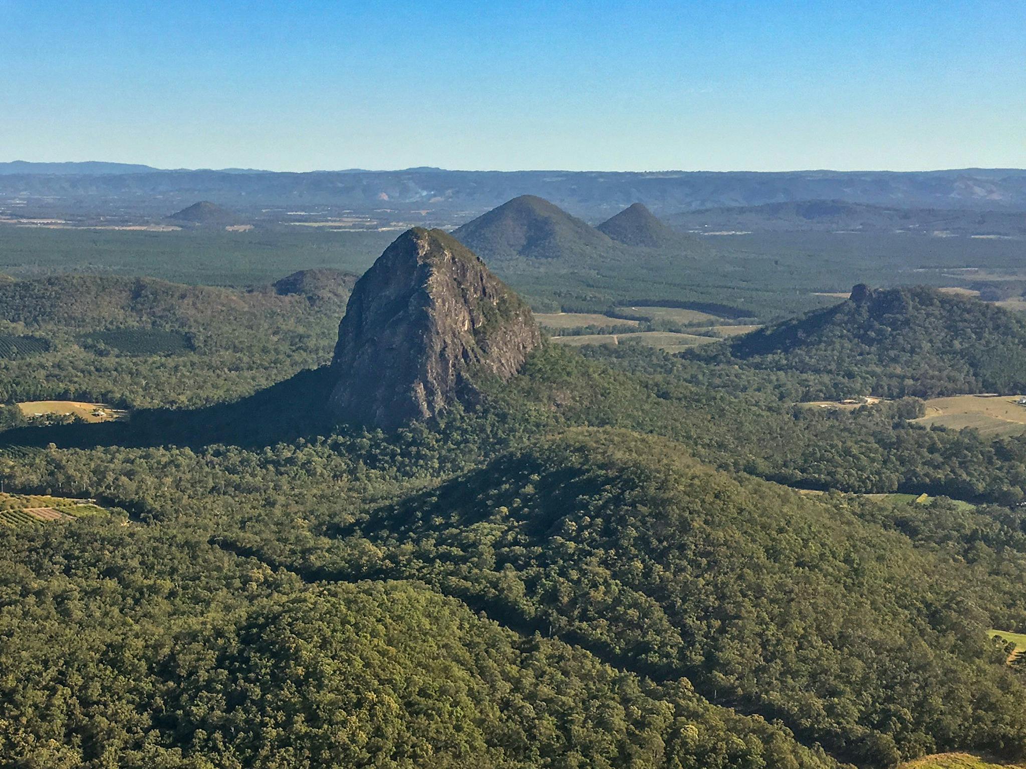 View of Glasshouse Mountains from Seaplane.