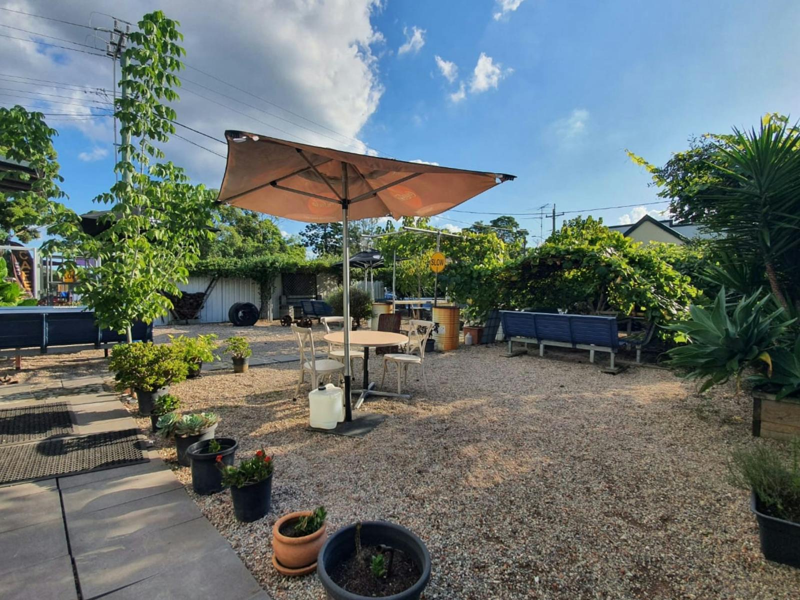 Another different perspective of our garden, potted plants, leading to chairs and up the laneway.
