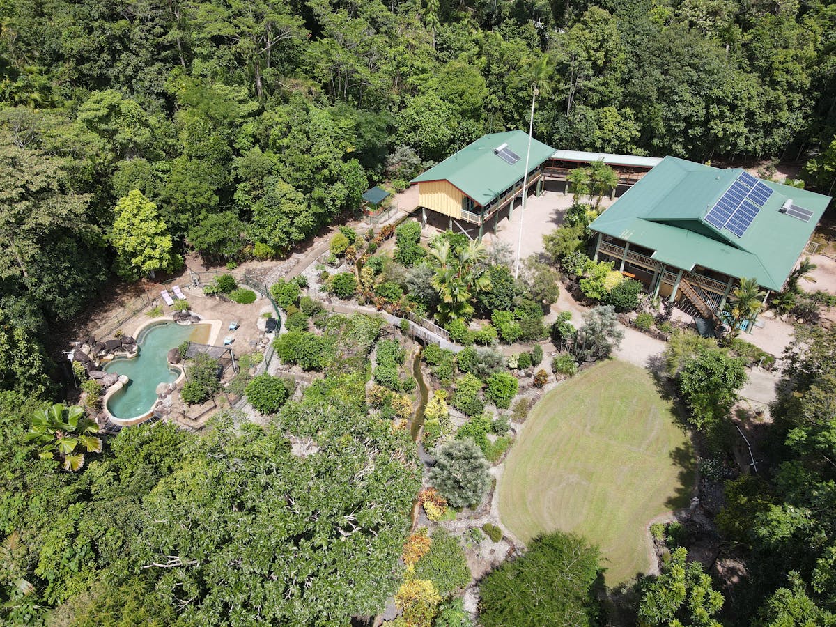 Aerial view of the main house and accommodation block at Licuala Lodge