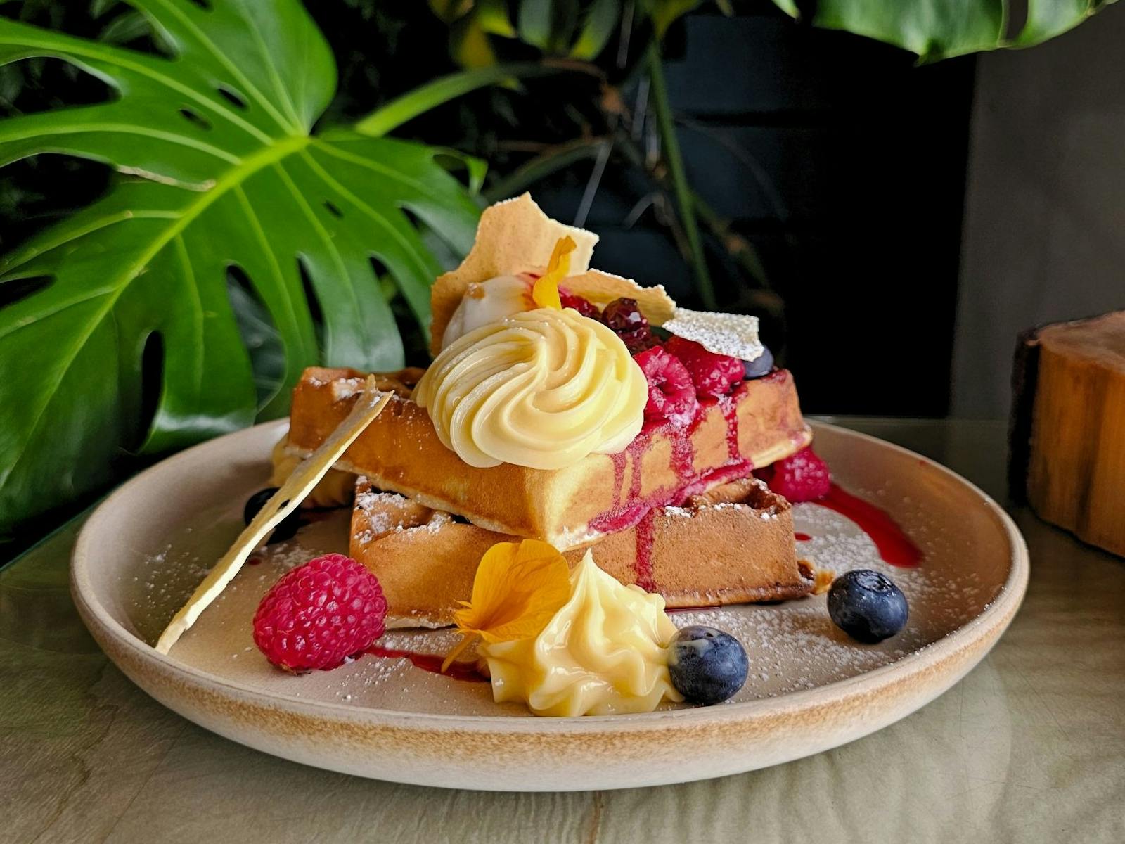 Lemon Curd Waffles by Bruce's Cafe - Northwest Tasmania