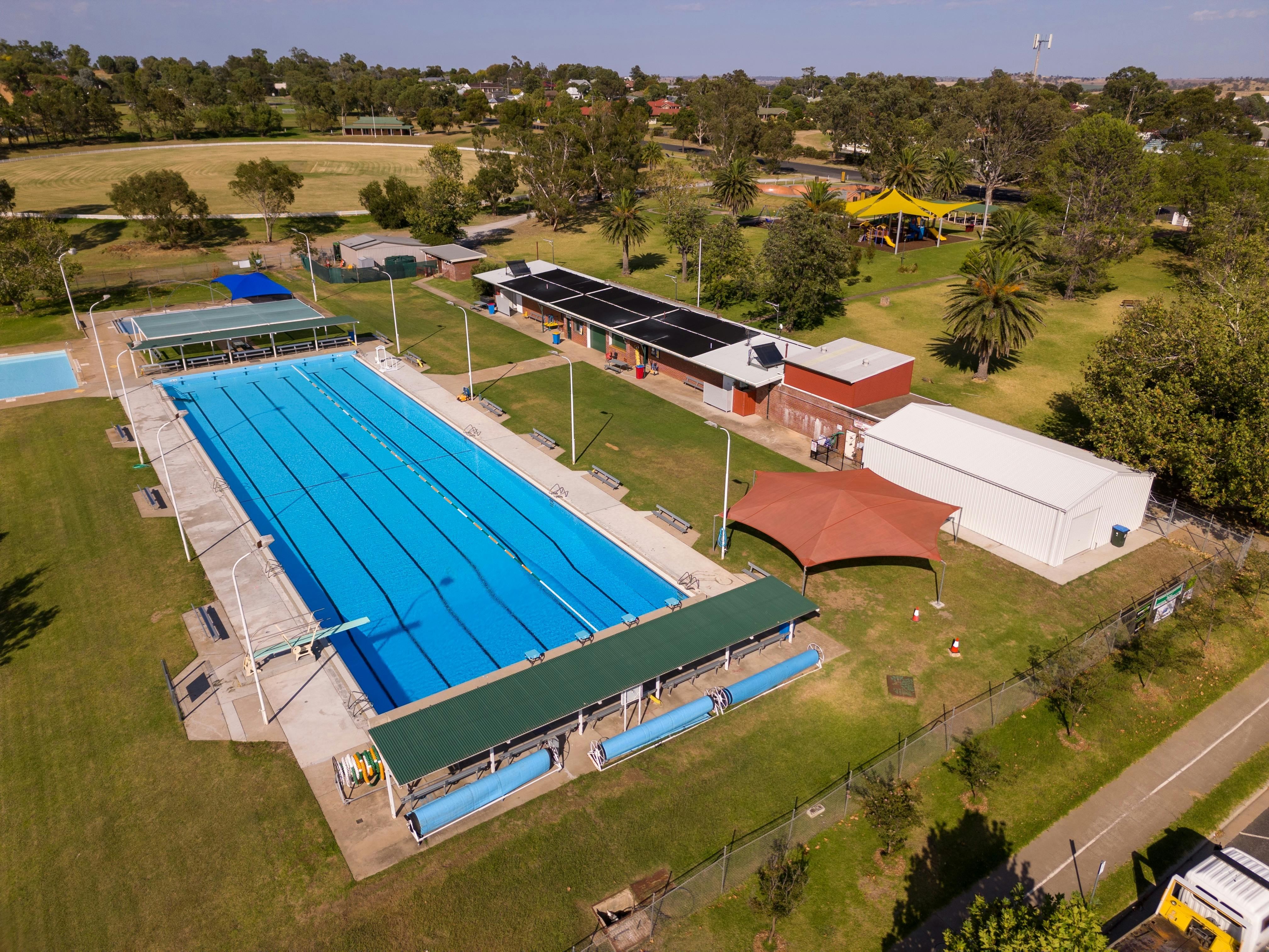Drone shot of the Harden pool and its buildings.