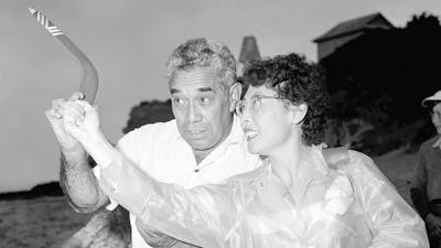 Bill Onus teaches the Republic of Korea’s Junior Red Cross Deputy Director how to throw a boomerang,