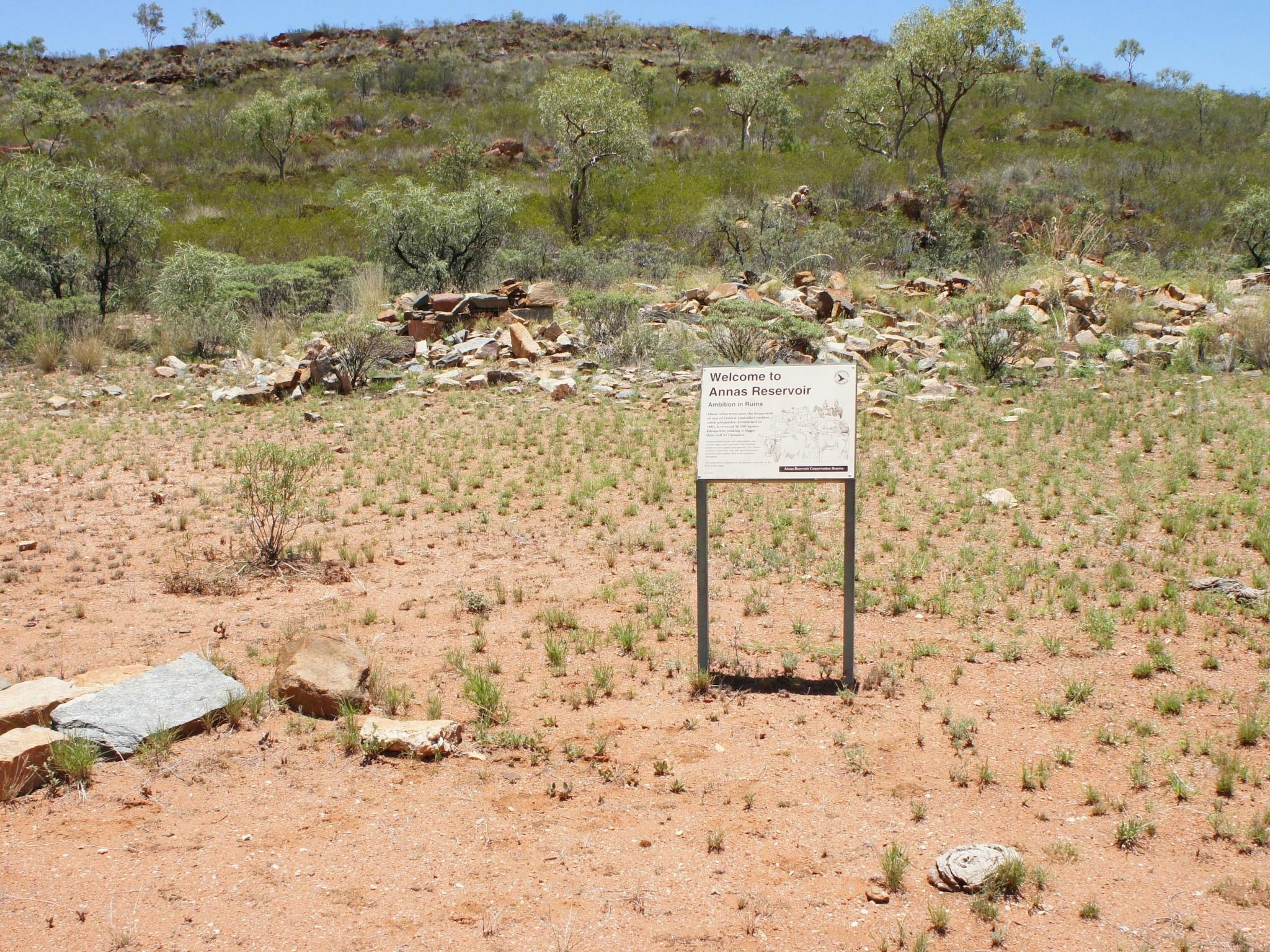 Anna’s Reservoir historic site, with ruins of the three-roomed Homestead building in  background.