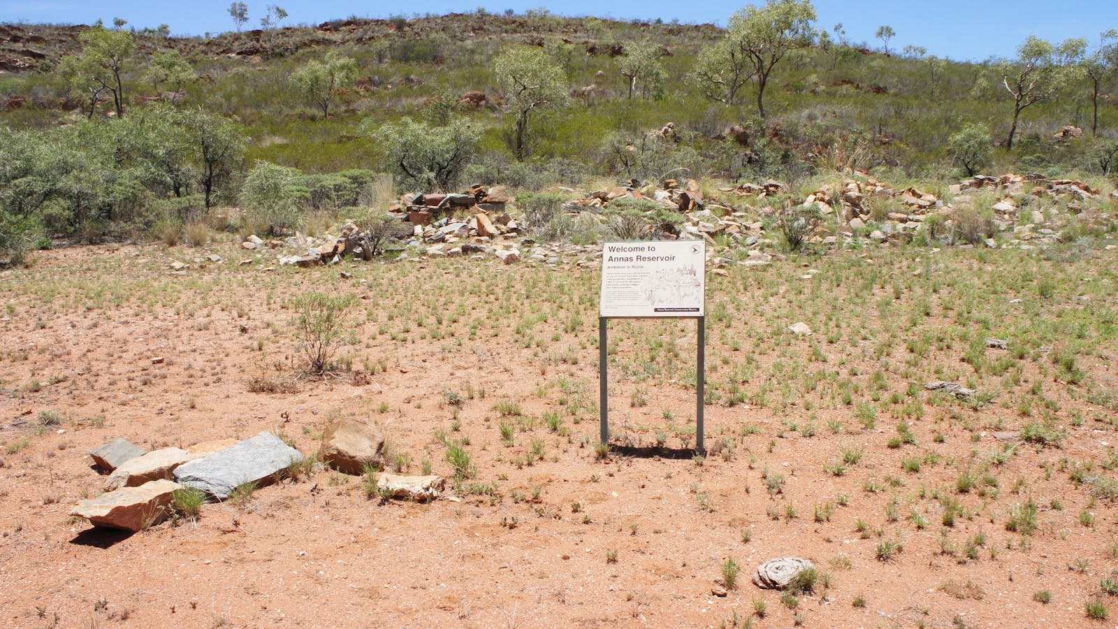 Anna’s Reservoir historic site, with ruins of the three-roomed Homestead building in  background.