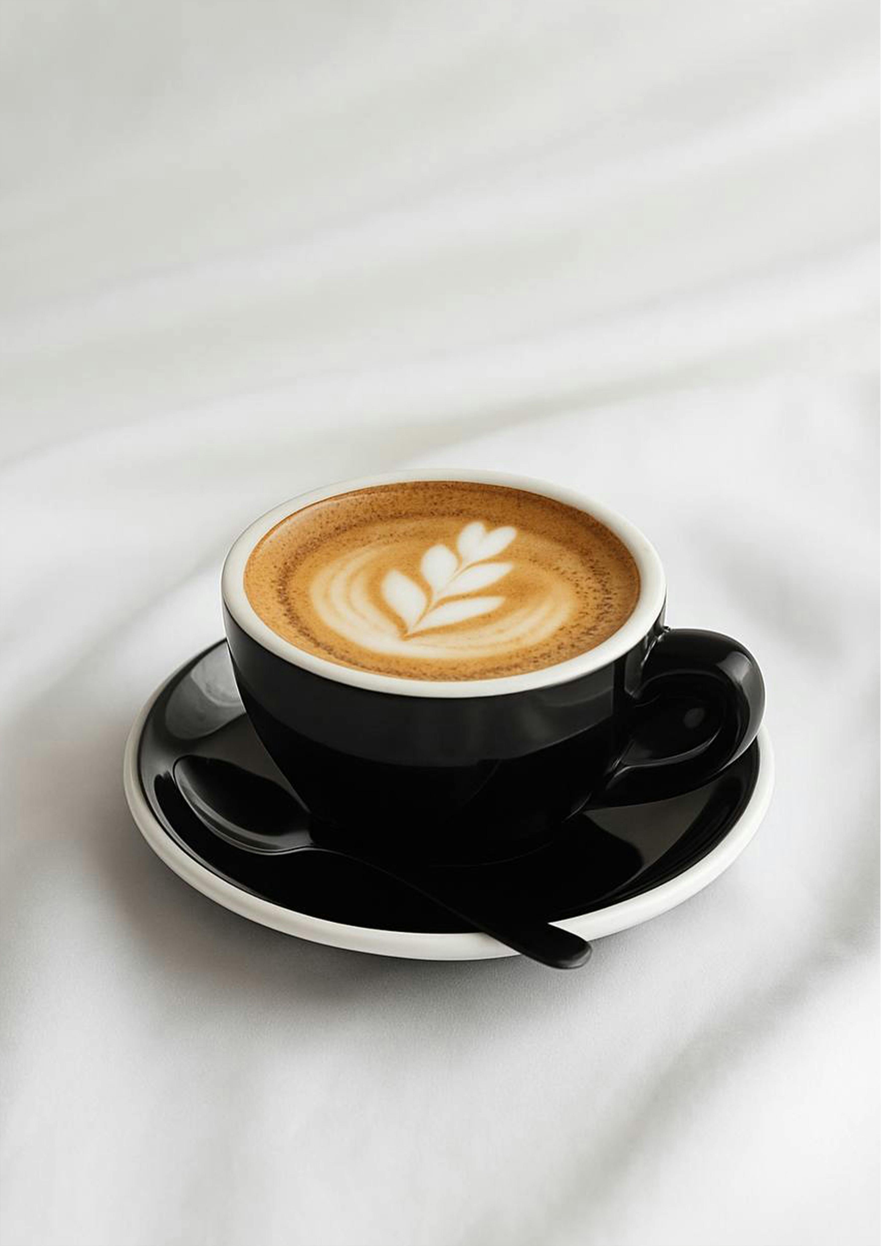 A black cup of latte at Esteria with a rosetta latte art on creamy microfoam, served on a saucer wi